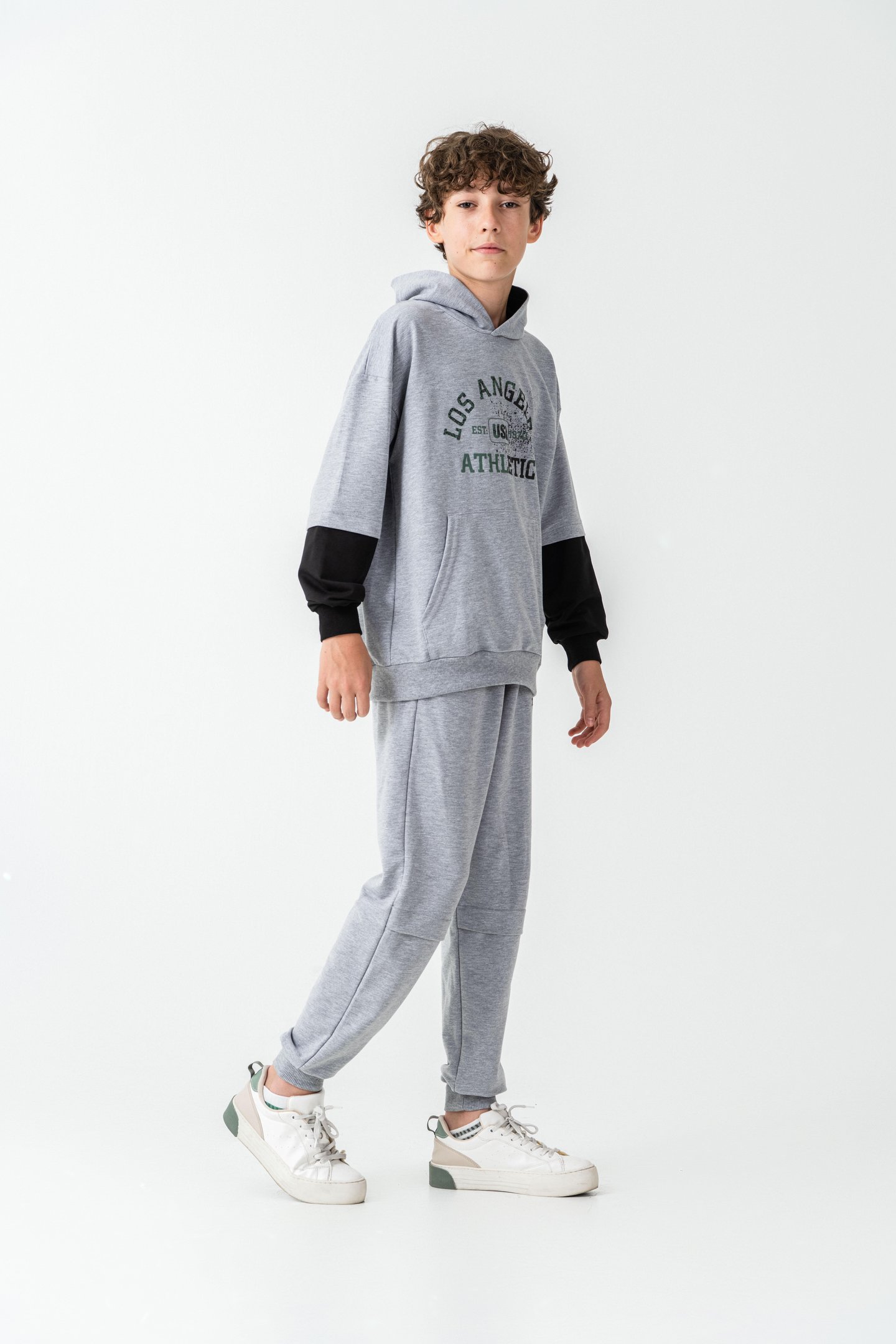 Los Angels Athletic Baskılı Kapüşonlu Kanguru Cepli Erkek Çocuk Alt Üst Eşofman Takımı