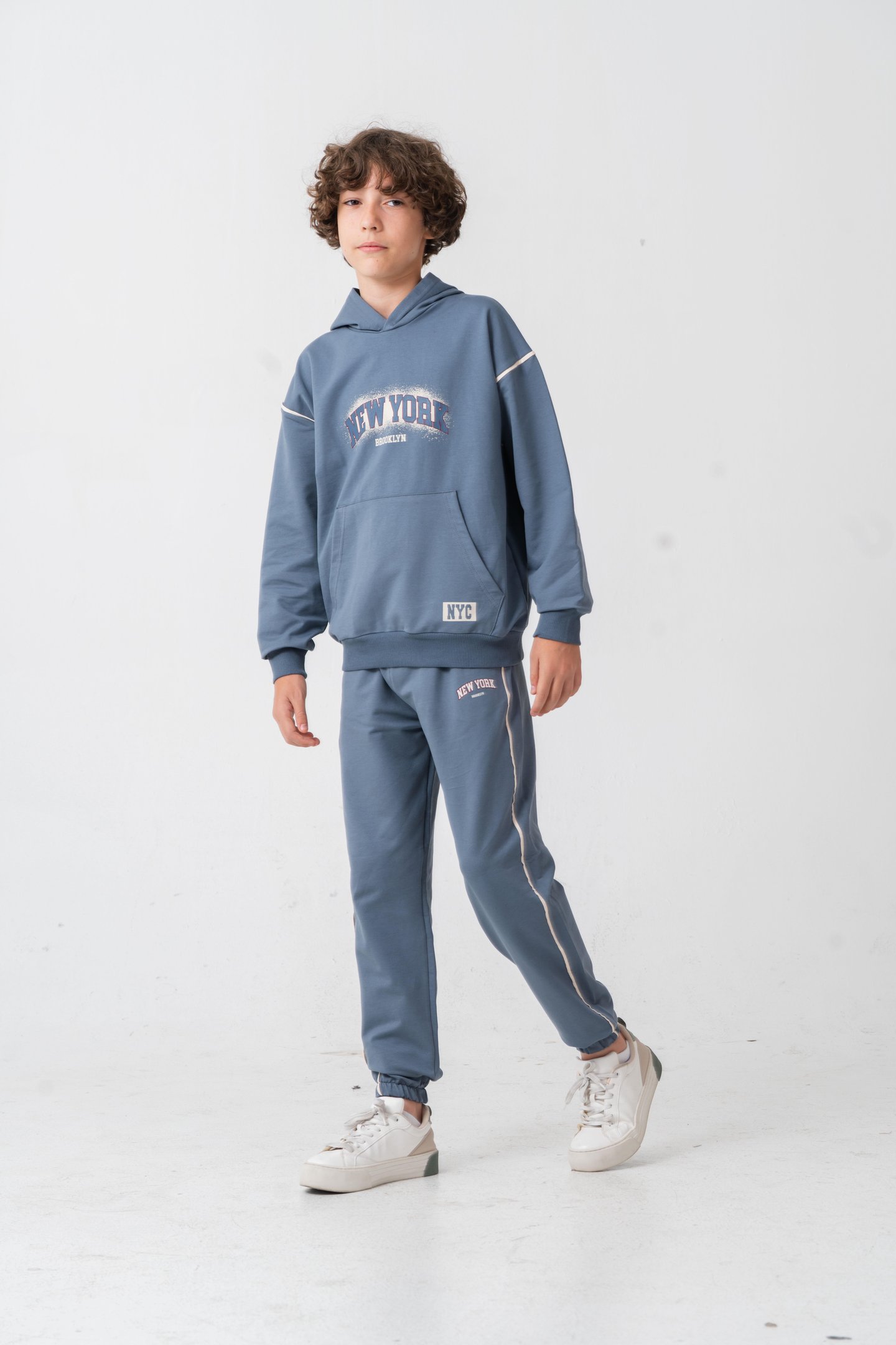 New York Brooklyn Baskılı Kanguru Cepli Yan Biyeli Erkek Çocuk Alt Üst Eşofman Takımı