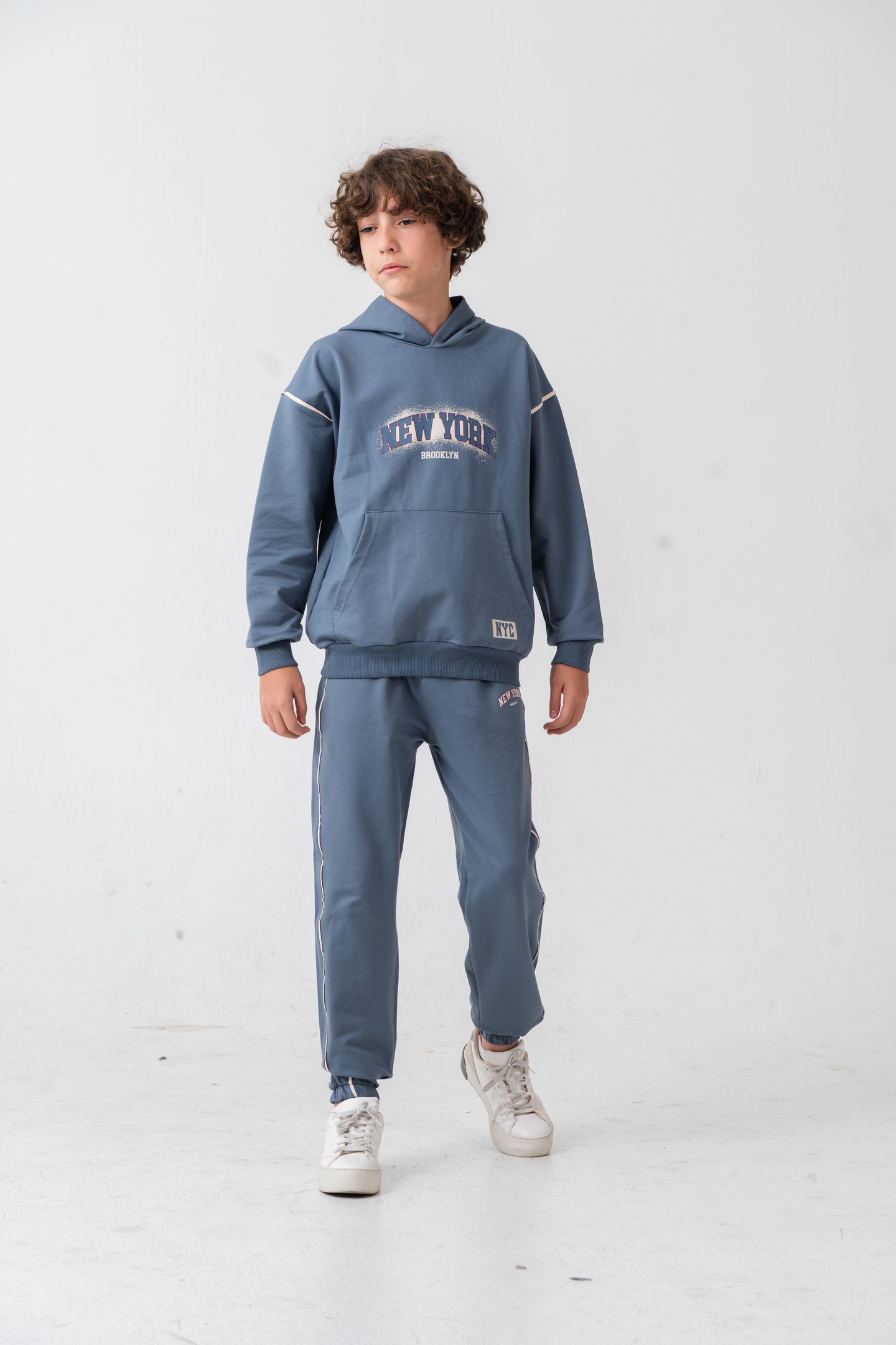 New York Brooklyn Baskılı Kanguru Cepli Yan Biyeli Erkek Çocuk Alt Üst Eşofman Takımı