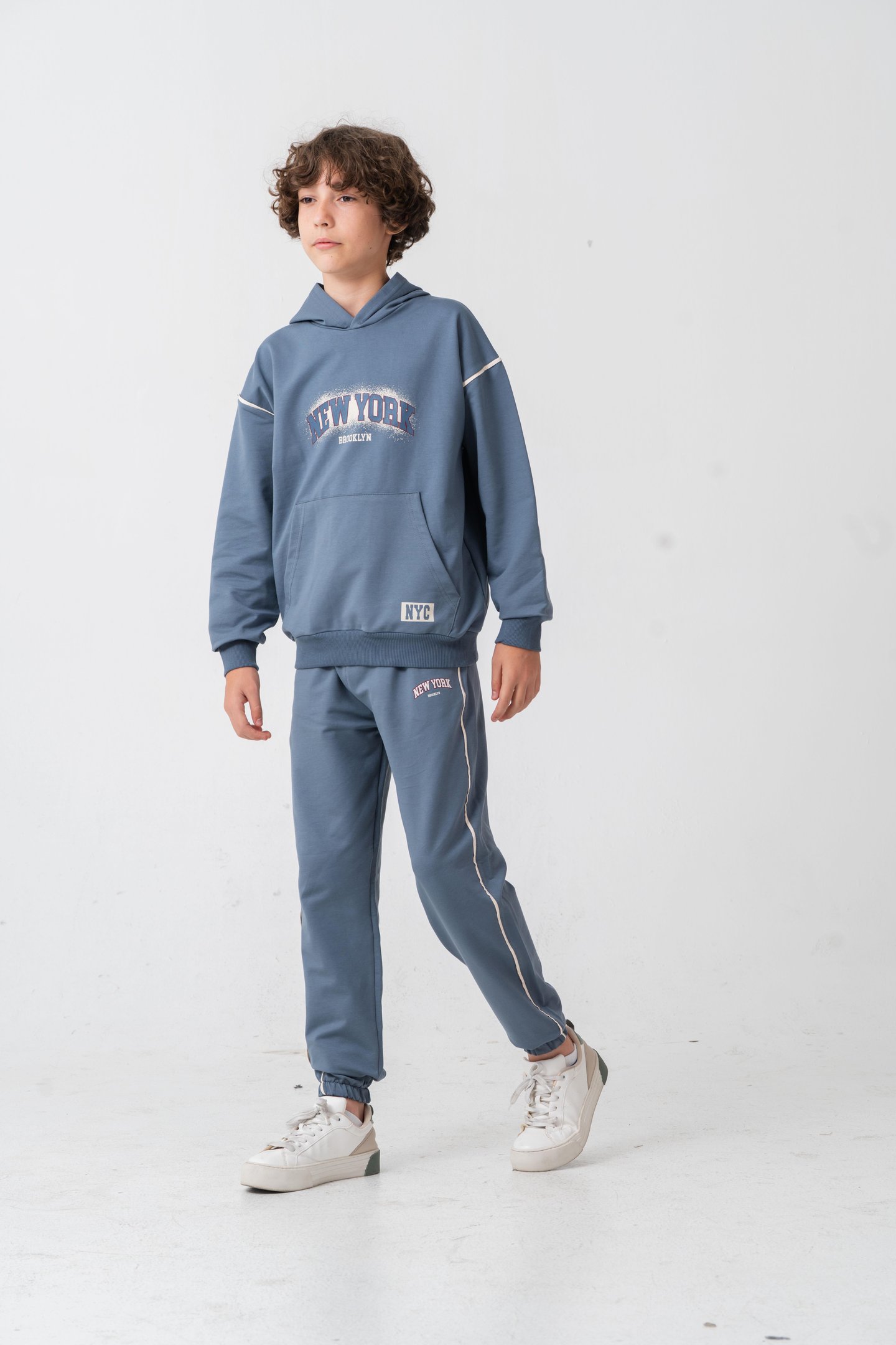 New York Brooklyn Baskılı Kanguru Cepli Yan Biyeli Erkek Çocuk Alt Üst Eşofman Takımı