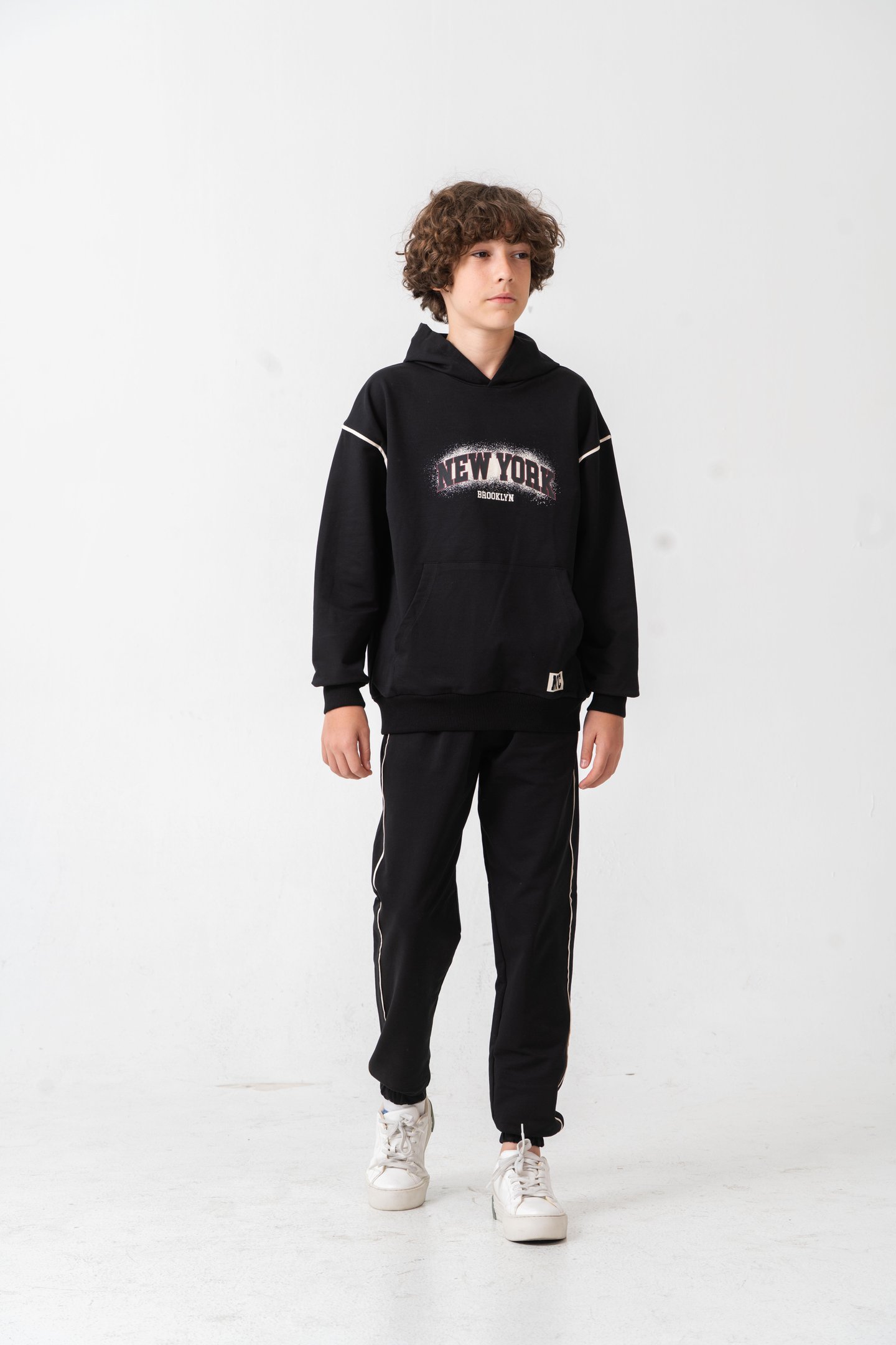 New York Brooklyn Baskılı Kanguru Cepli Yan Biyeli Erkek Çocuk Alt Üst Eşofman Takımı