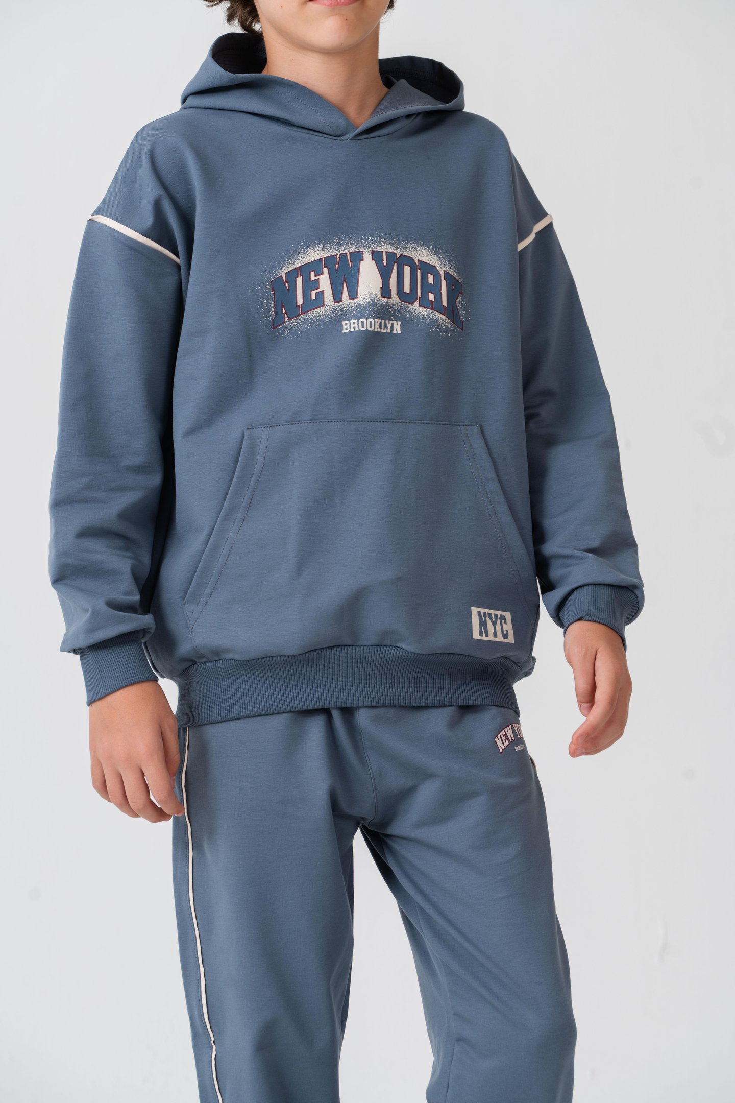 New York Brooklyn Baskılı Kanguru Cepli Yan Biyeli Erkek Çocuk Alt Üst Eşofman Takımı