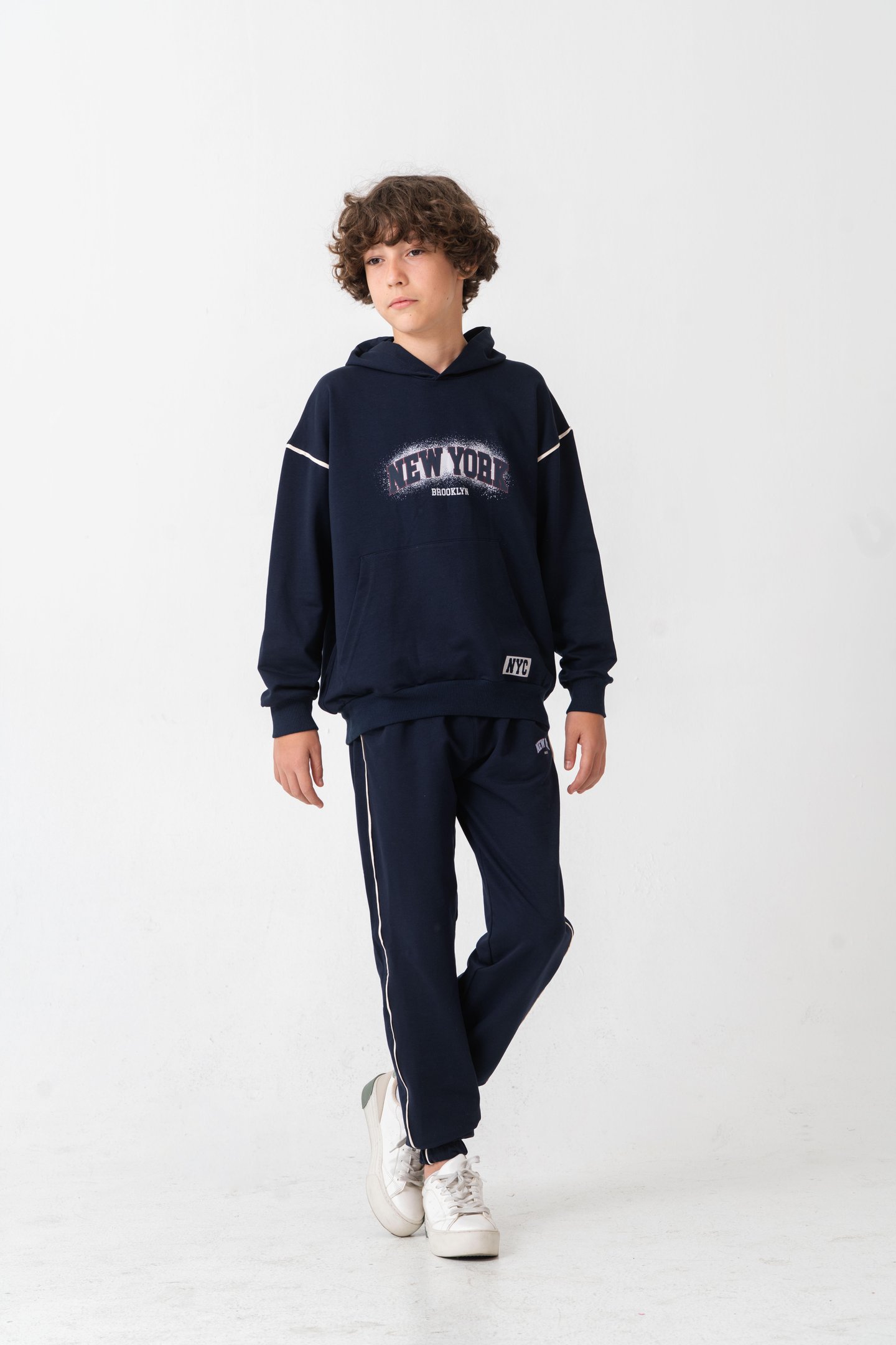 New York Brooklyn Baskılı Kanguru Cepli Yan Biyeli Erkek Çocuk Alt Üst Eşofman Takımı