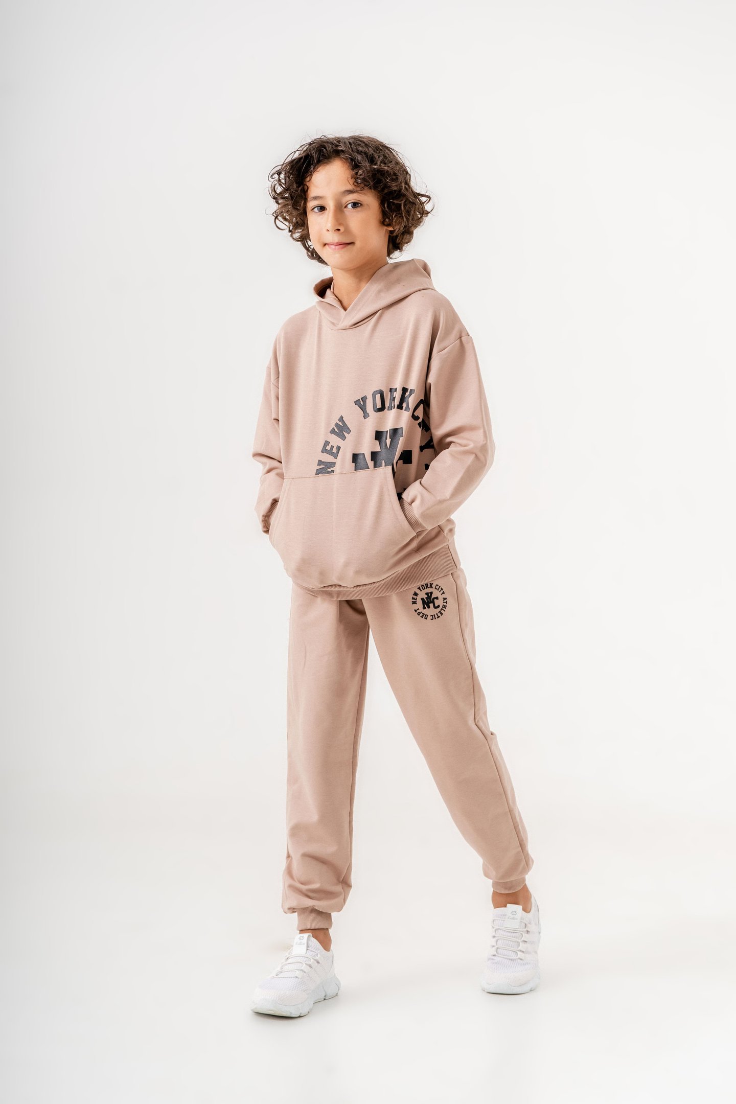 New York City Baskılı Kanguru Cep Detaylı Kapüşonlu Erkek Çocuk Alt-Üst Eşofman Takımı