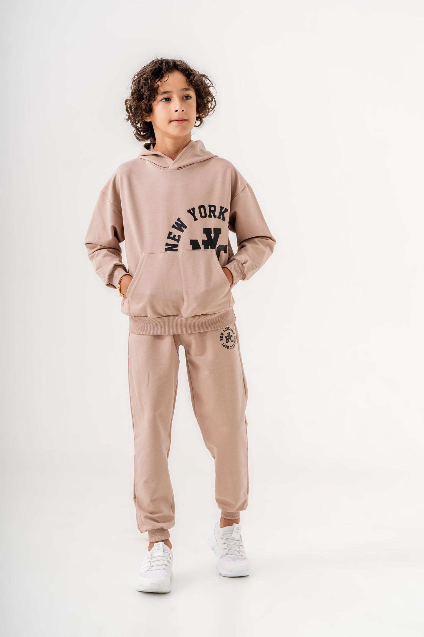 New York City Baskılı Kanguru Cep Detaylı Kapüşonlu Erkek Çocuk Alt-Üst Eşofman Takımı