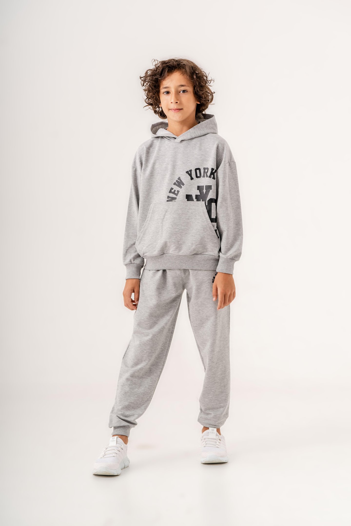 New York City Baskılı Kanguru Cep Detaylı Kapüşonlu Erkek Çocuk Alt-Üst Eşofman Takımı
