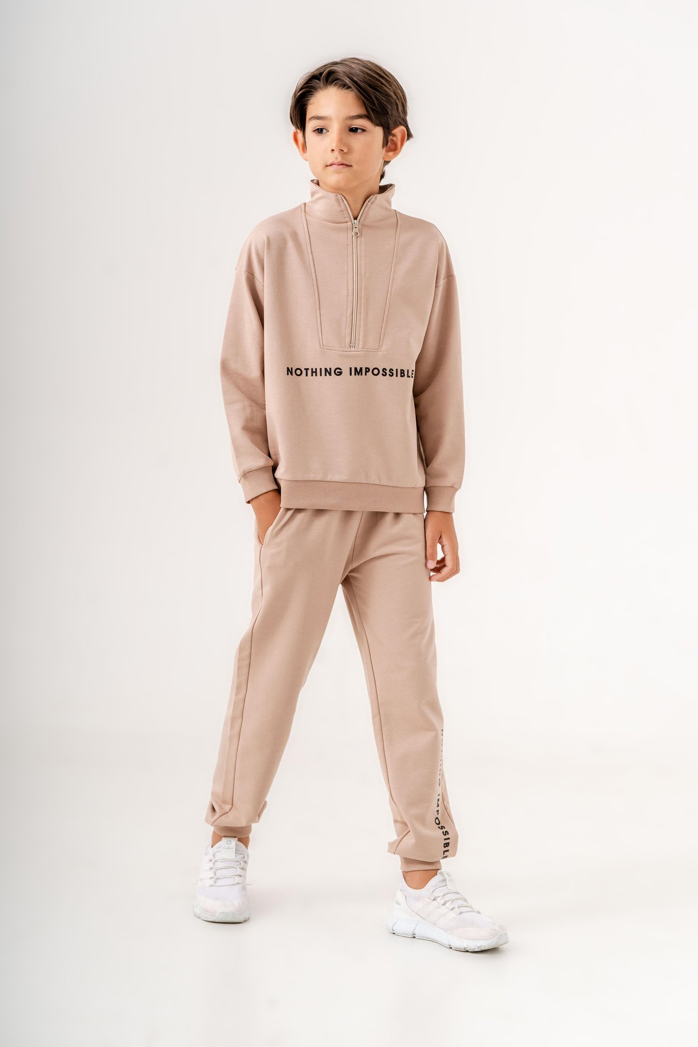Nothing Impossible Baskılı Bacak Baskı Detaylı Fermuarlı Yaka Erkek Çocuk Alt Üst Eşofman Takımı