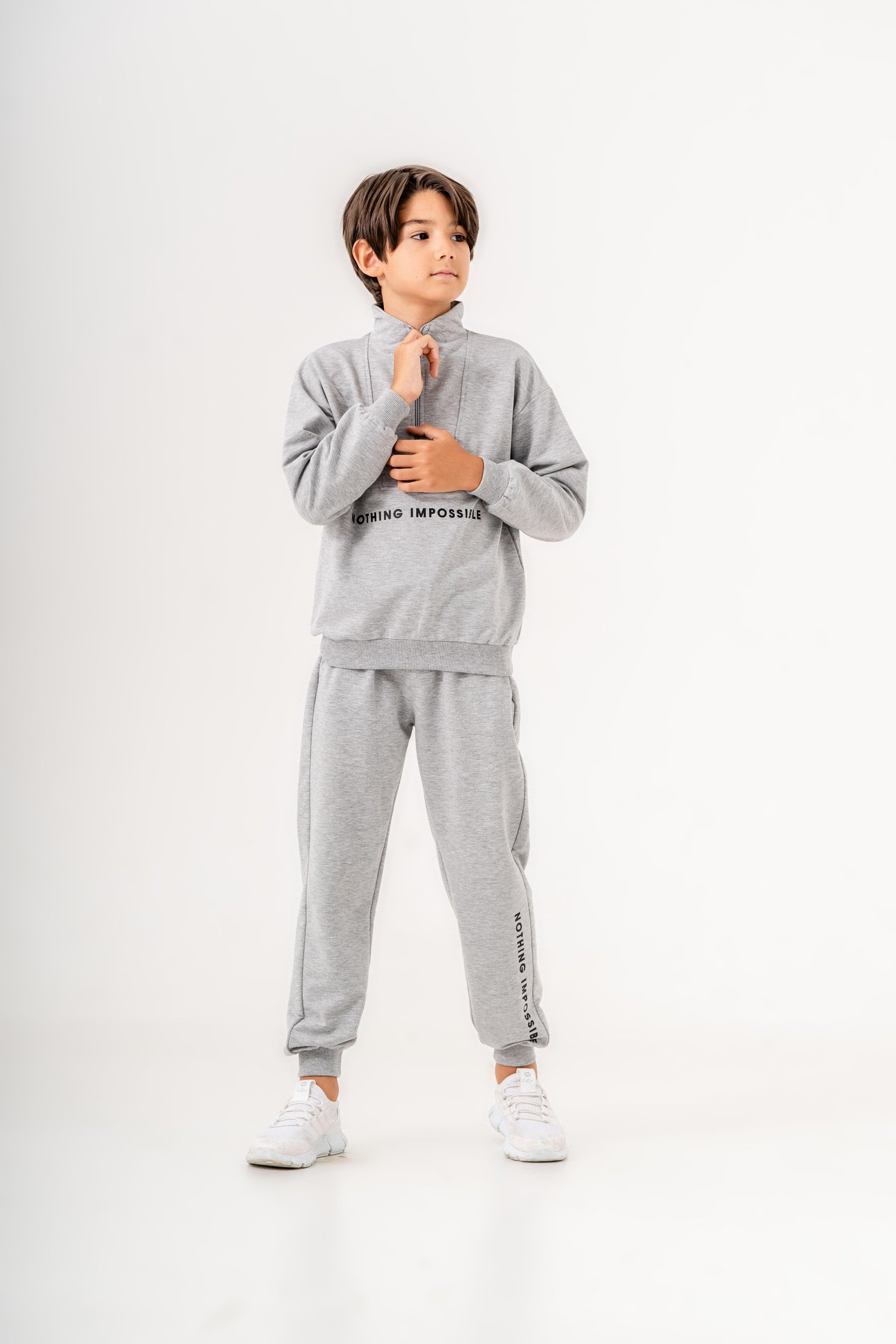 Nothing Impossible Baskılı Bacak Baskı Detaylı Fermuarlı Yaka Erkek Çocuk Alt Üst Eşofman Takımı
