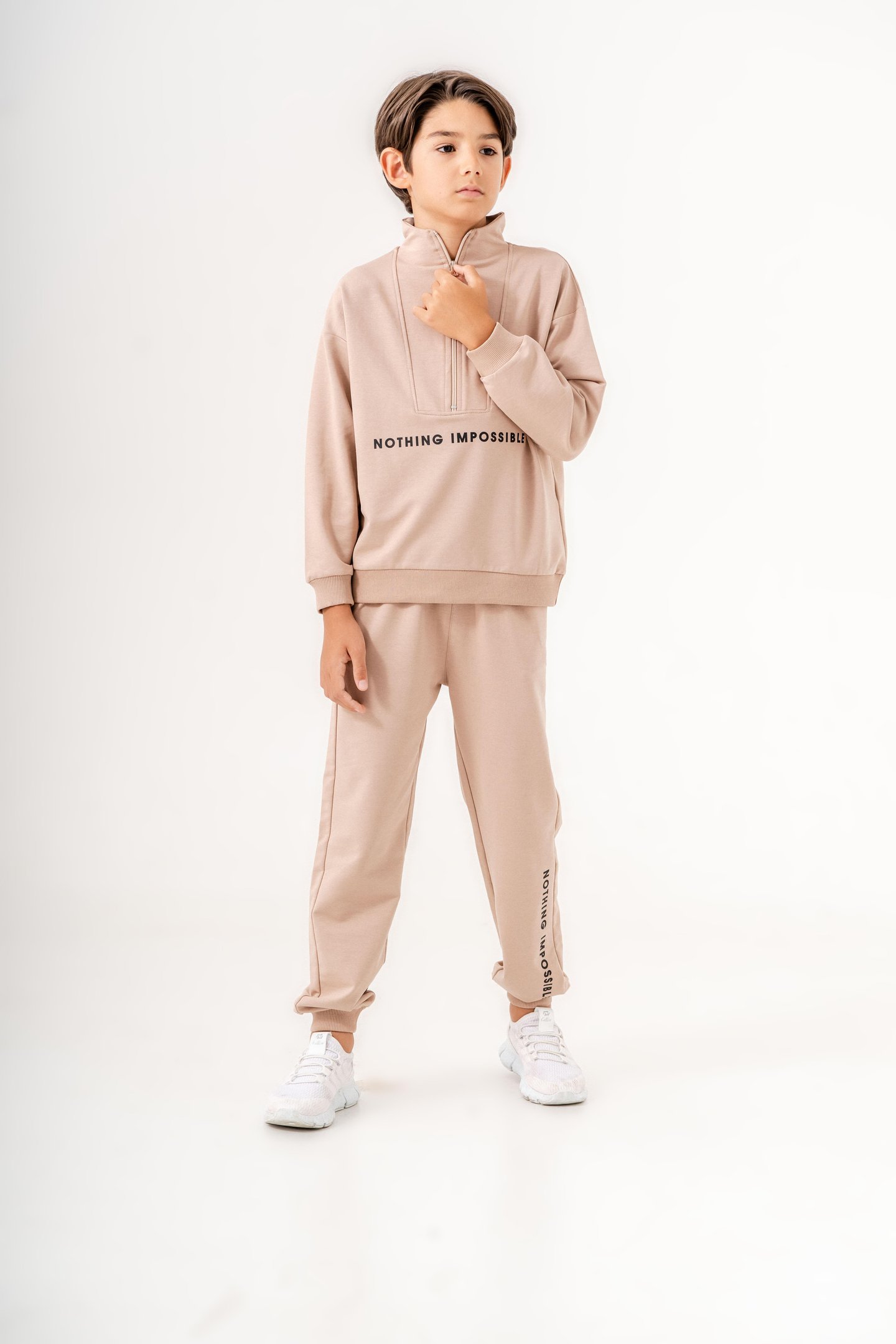 Nothing Impossible Baskılı Bacak Baskı Detaylı Fermuarlı Yaka Erkek Çocuk Alt Üst Eşofman Takımı