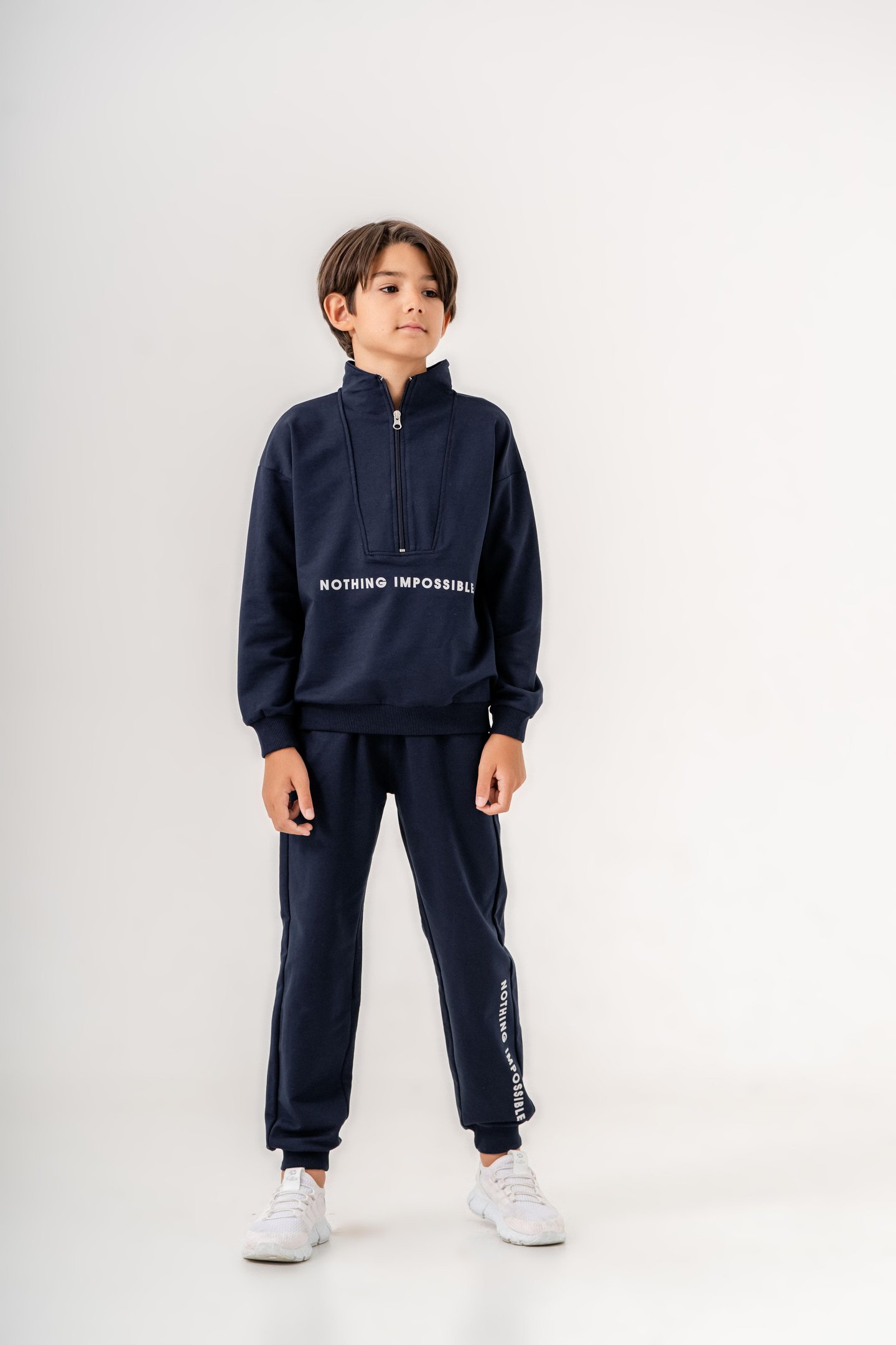Nothing Impossible Baskılı Bacak Baskı Detaylı Fermuarlı Yaka Erkek Çocuk Alt Üst Eşofman Takımı