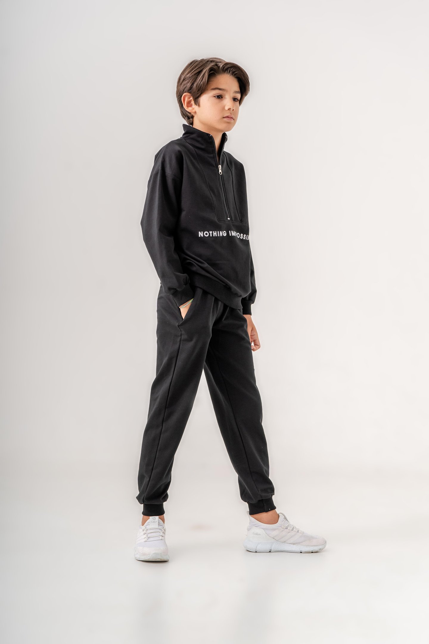 Nothing Impossible Baskılı Bacak Baskı Detaylı Fermuarlı Yaka Erkek Çocuk Alt Üst Eşofman Takımı