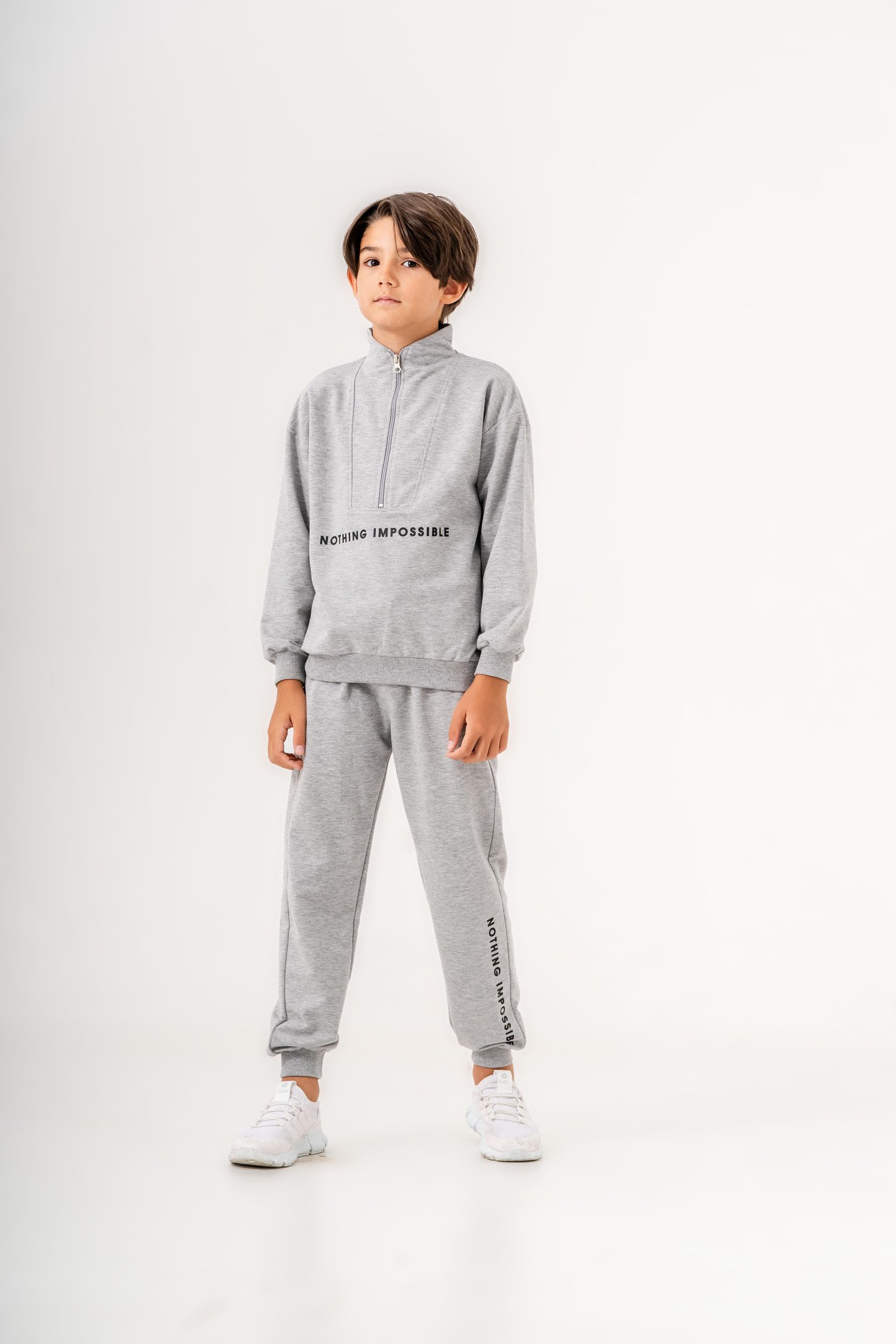 Nothing Impossible Baskılı Bacak Baskı Detaylı Fermuarlı Yaka Erkek Çocuk Alt Üst Eşofman Takımı