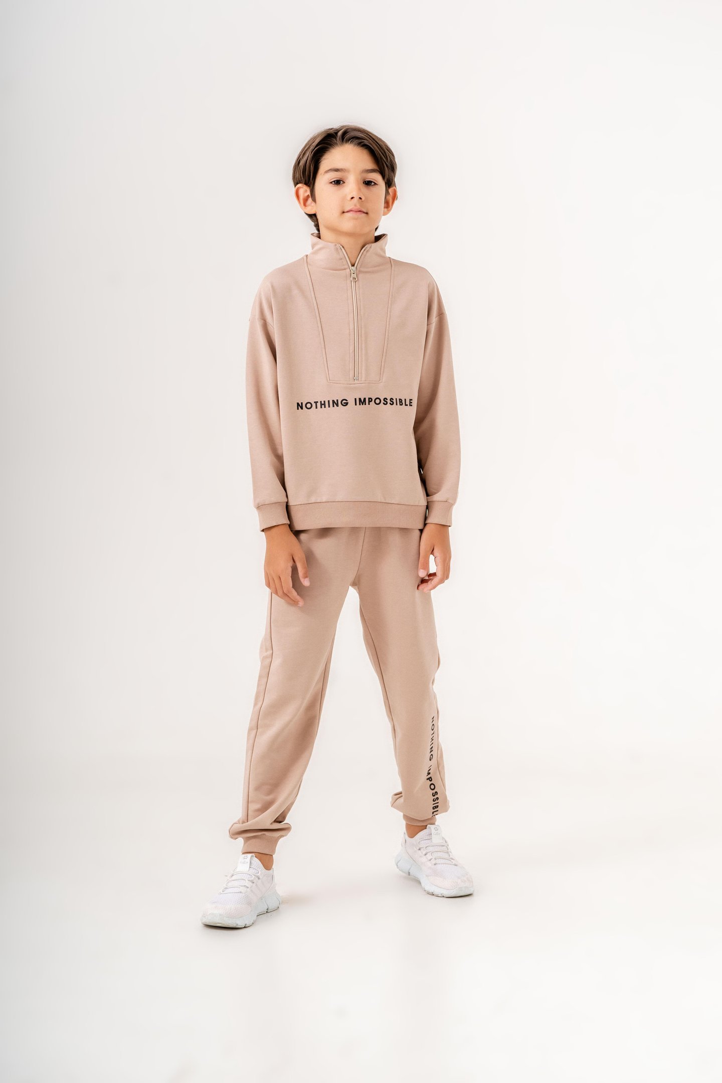 Nothing Impossible Baskılı Bacak Baskı Detaylı Fermuarlı Yaka Erkek Çocuk Alt Üst Eşofman Takımı