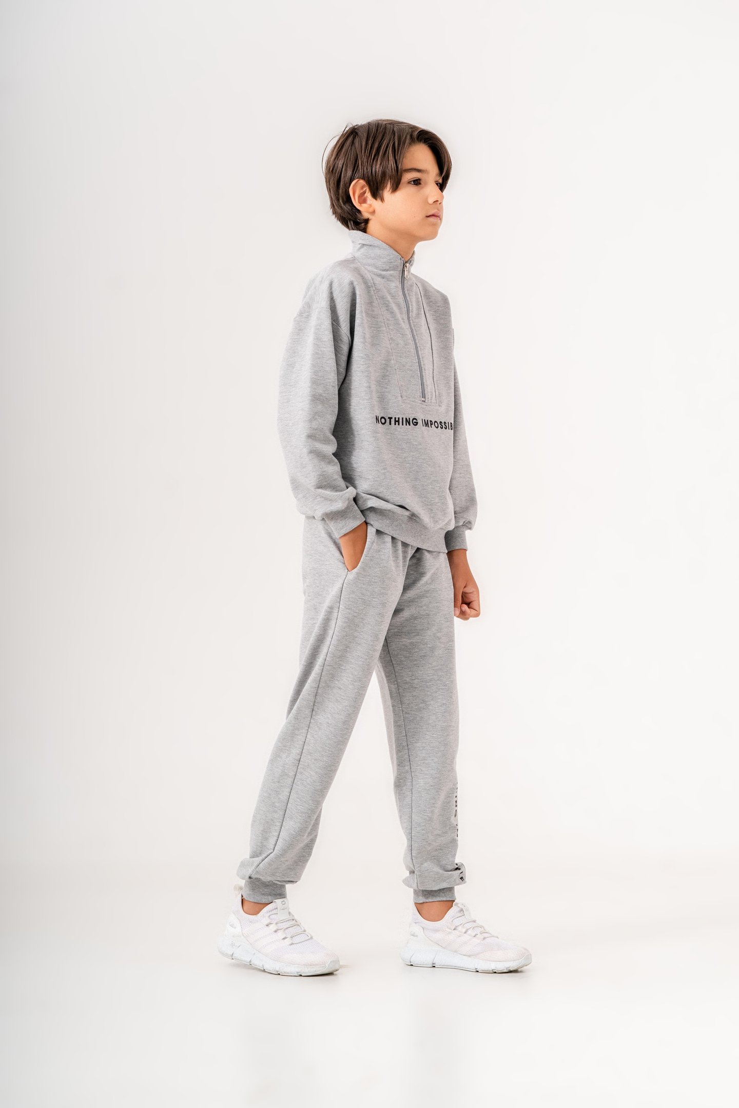 Nothing Impossible Baskılı Bacak Baskı Detaylı Fermuarlı Yaka Erkek Çocuk Alt Üst Eşofman Takımı