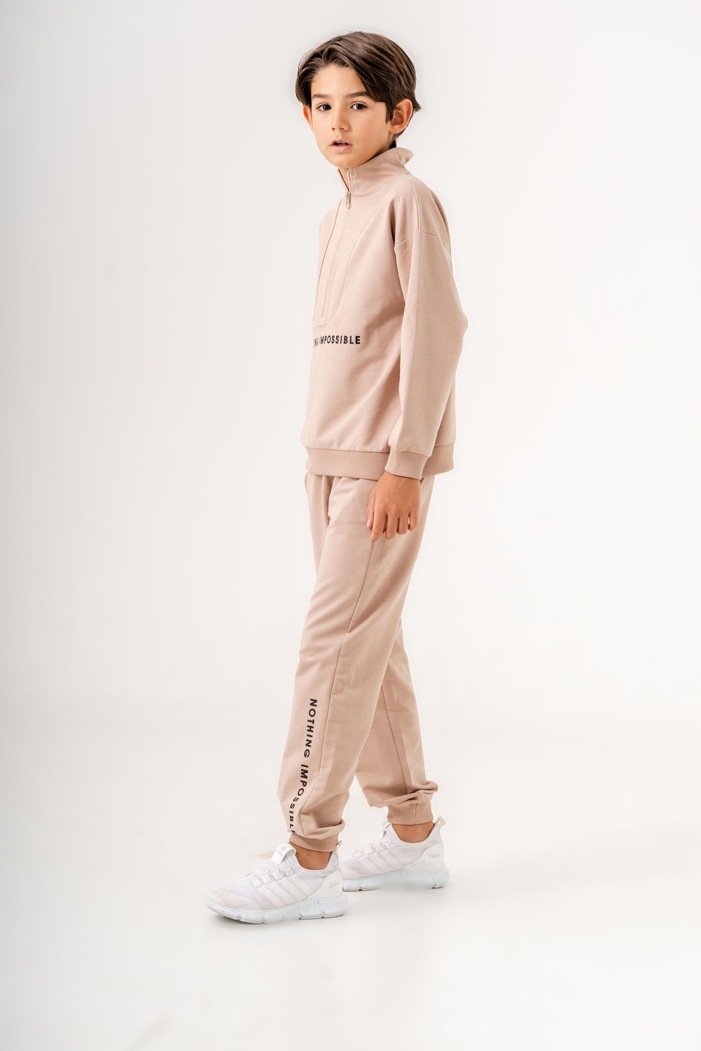 Nothing Impossible Baskılı Bacak Baskı Detaylı Fermuarlı Yaka Erkek Çocuk Alt Üst Eşofman Takımı