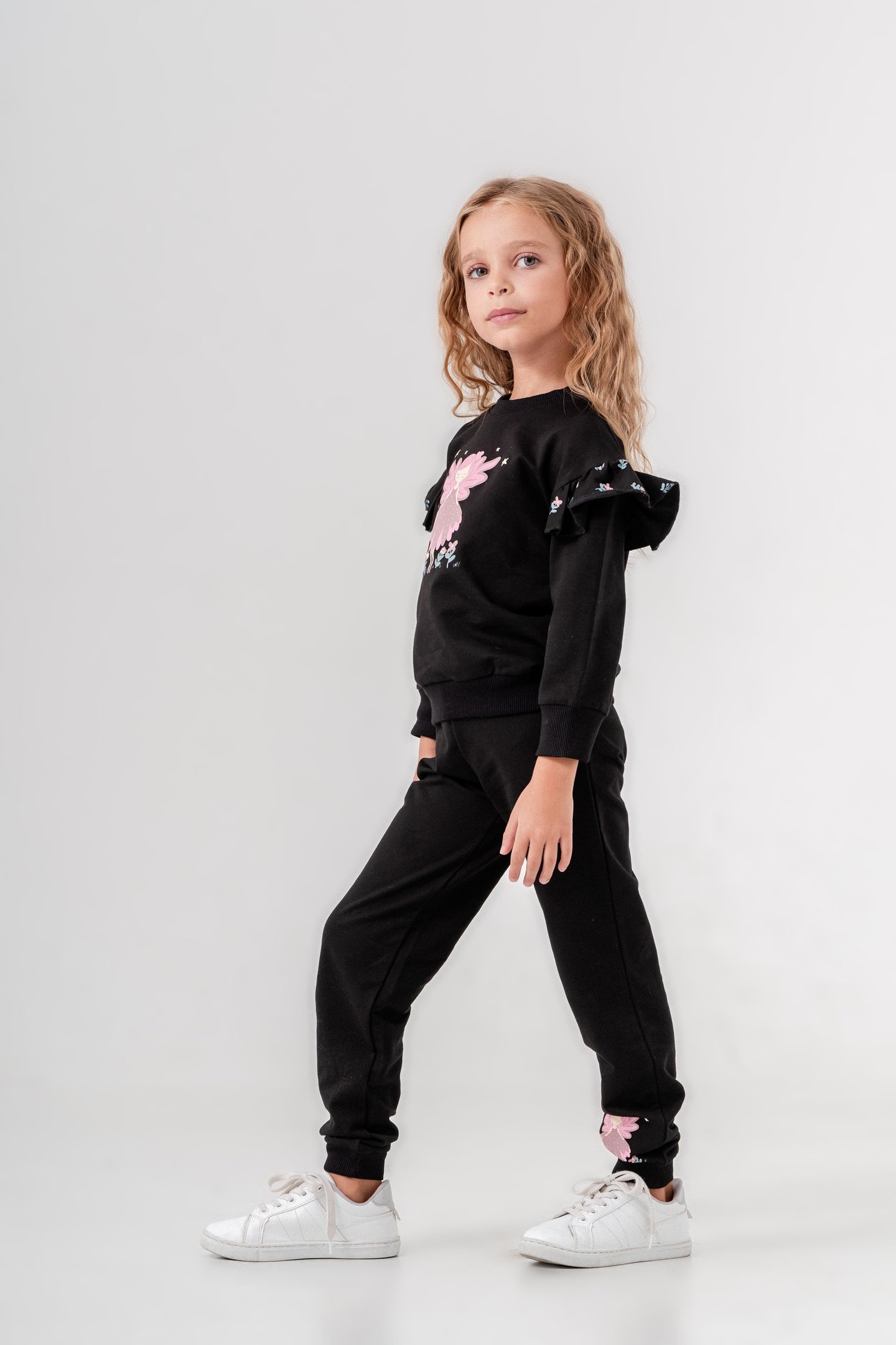 Peri Kız Baskılı Çiçek Desenli Kız Çocuk Alt Üst Eşofman Takımı