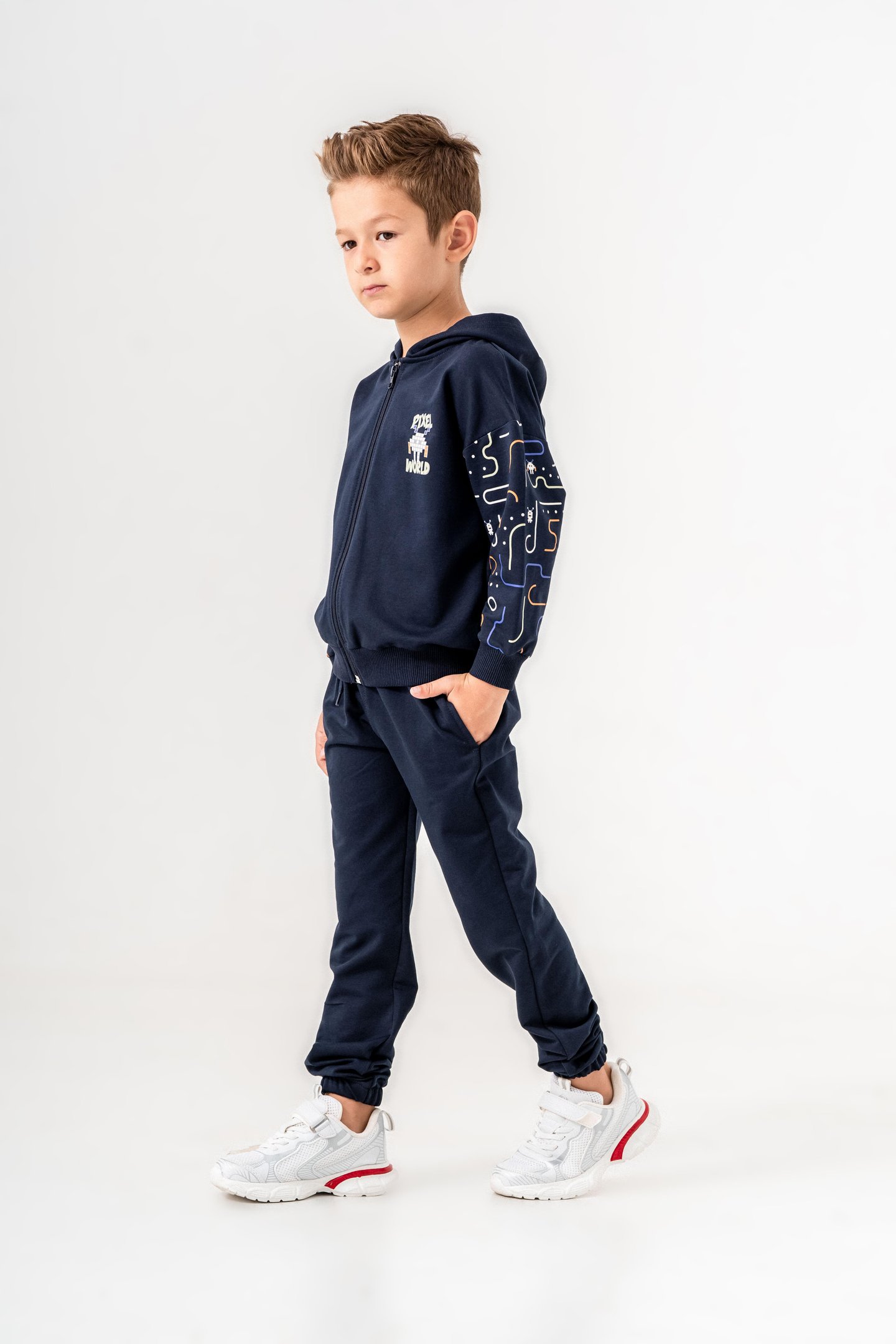 Pixel World Baskılı Kollar Baskı Detaylı Kapüşonlu Erkek Çocuk Alt Üst Eşofman Takımı