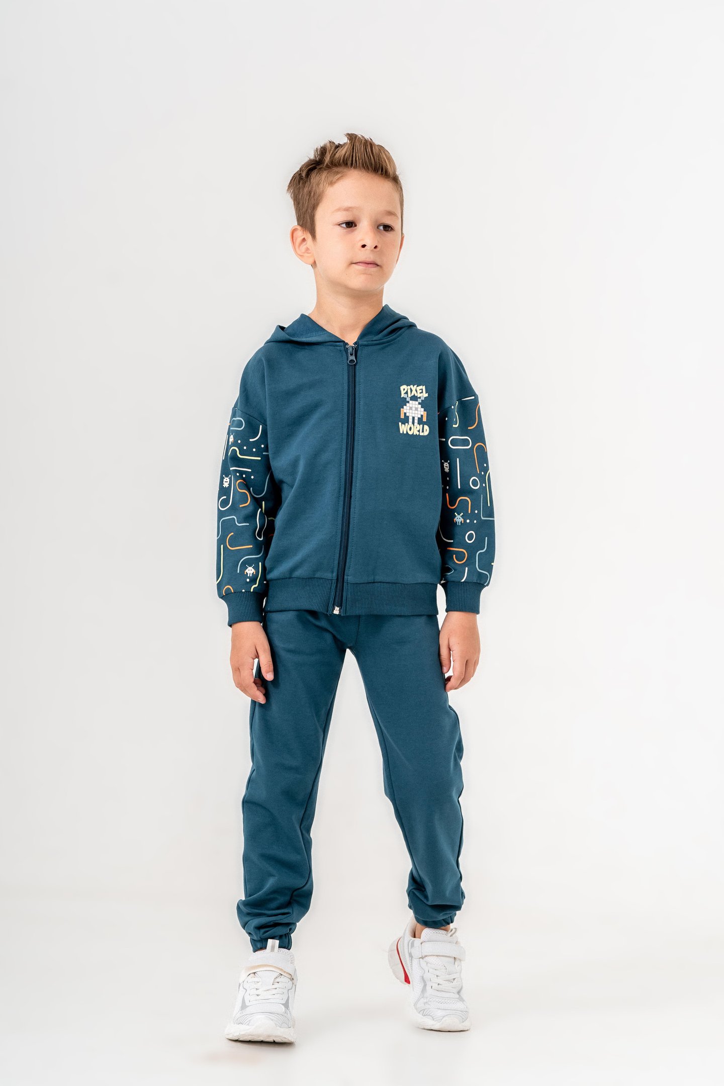 Pixel World Baskılı Kollar Baskı Detaylı Kapüşonlu Erkek Çocuk Alt Üst Eşofman Takımı