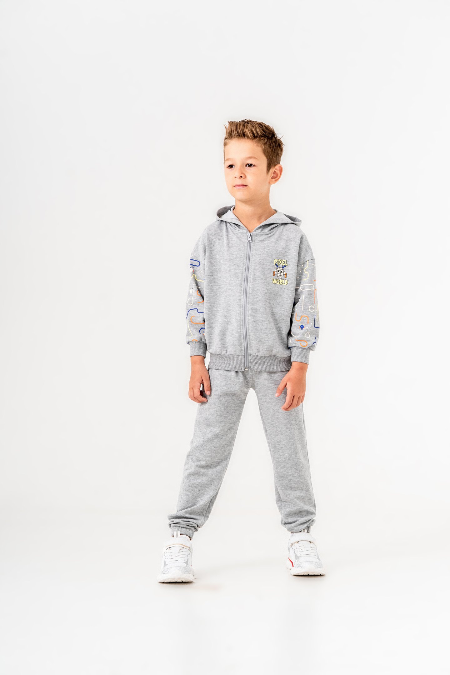 Pixel World Baskılı Kollar Baskı Detaylı Kapüşonlu Erkek Çocuk Alt Üst Eşofman Takımı