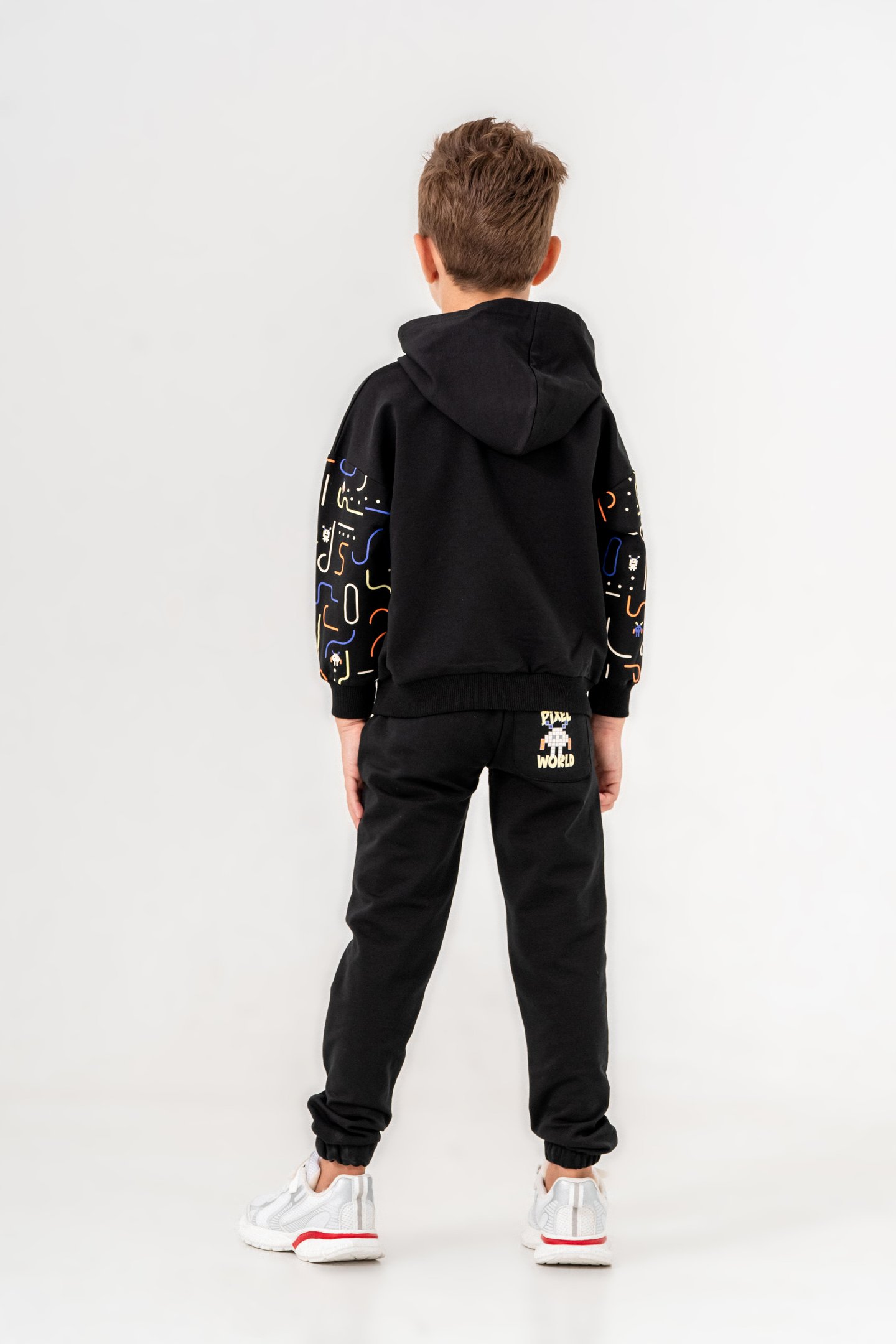 Pixel World Baskılı Kollar Baskı Detaylı Kapüşonlu Erkek Çocuk Alt Üst Eşofman Takımı