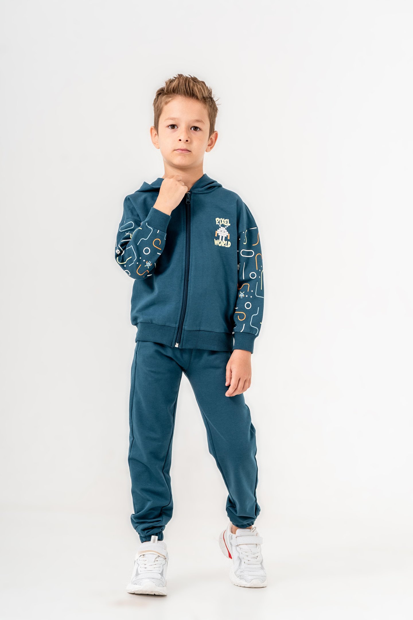 Pixel World Baskılı Kollar Baskı Detaylı Kapüşonlu Erkek Çocuk Alt Üst Eşofman Takımı