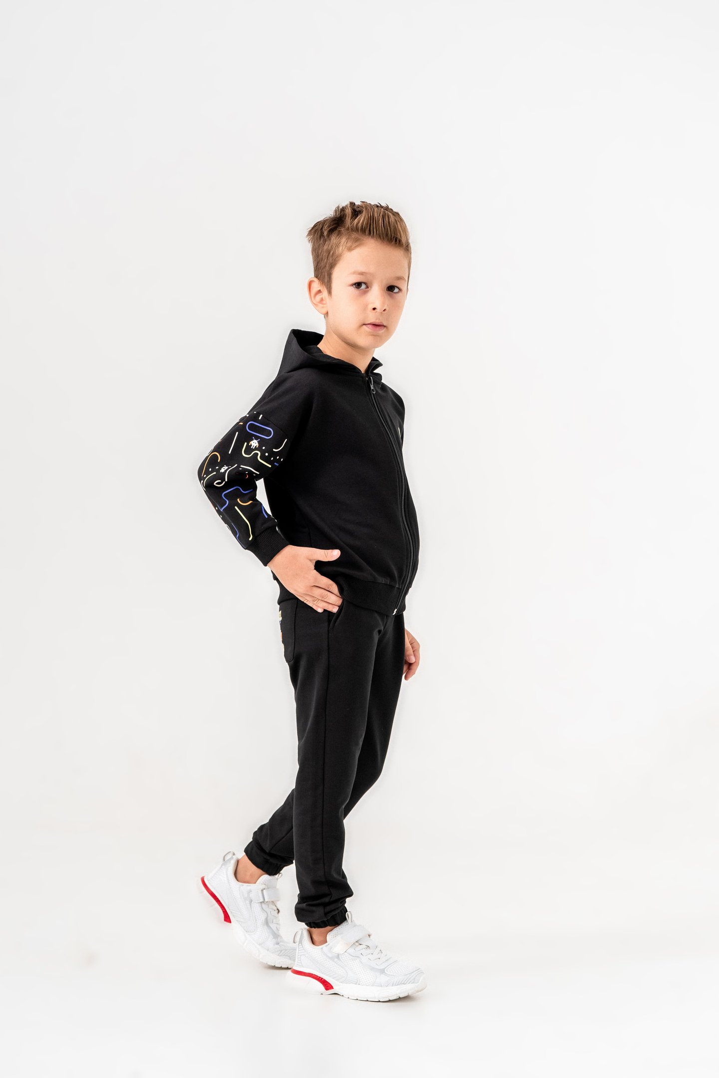 Pixel World Baskılı Kollar Baskı Detaylı Kapüşonlu Erkek Çocuk Alt Üst Eşofman Takımı