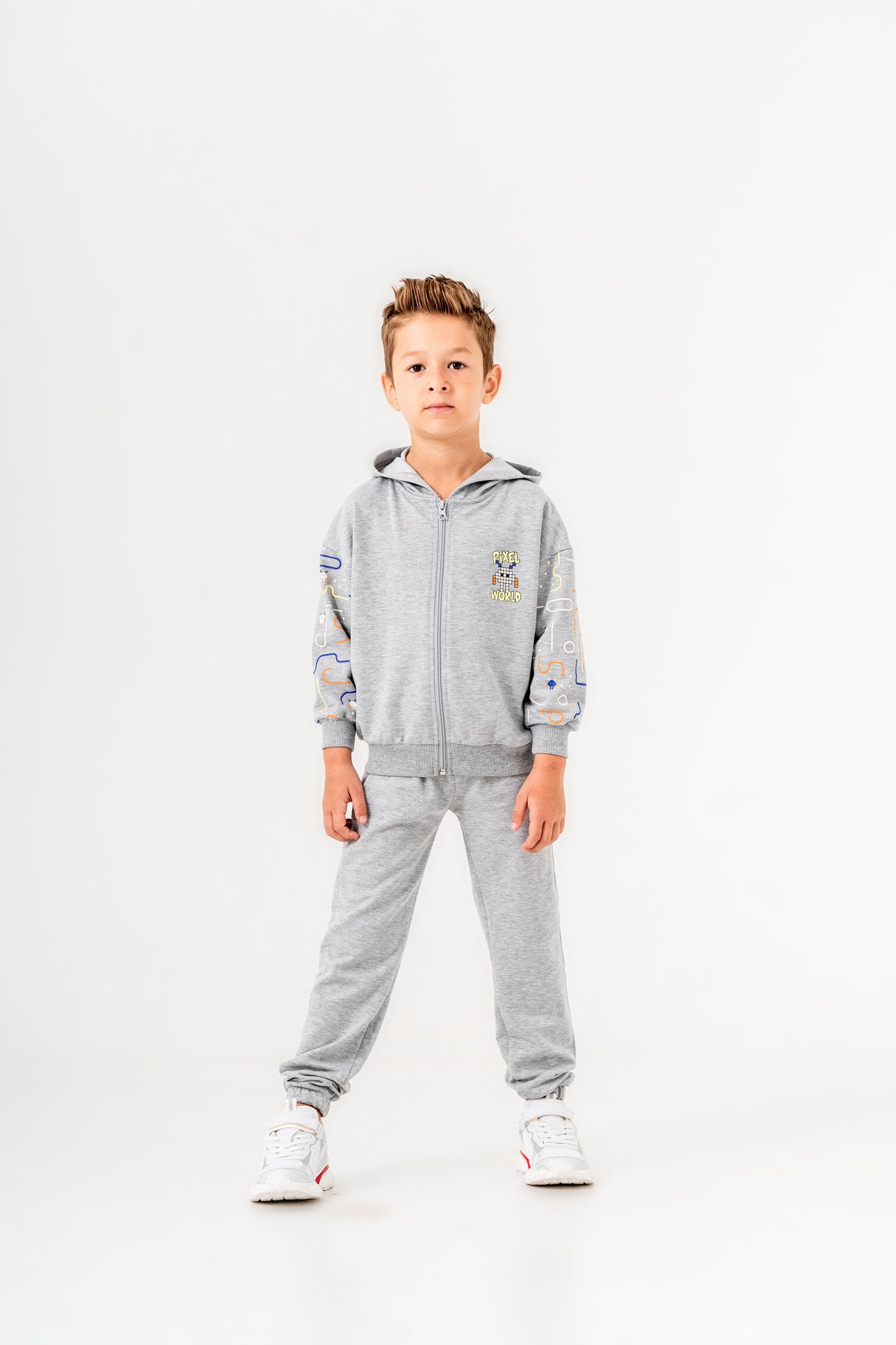 Pixel World Baskılı Kollar Baskı Detaylı Kapüşonlu Erkek Çocuk Alt Üst Eşofman Takımı