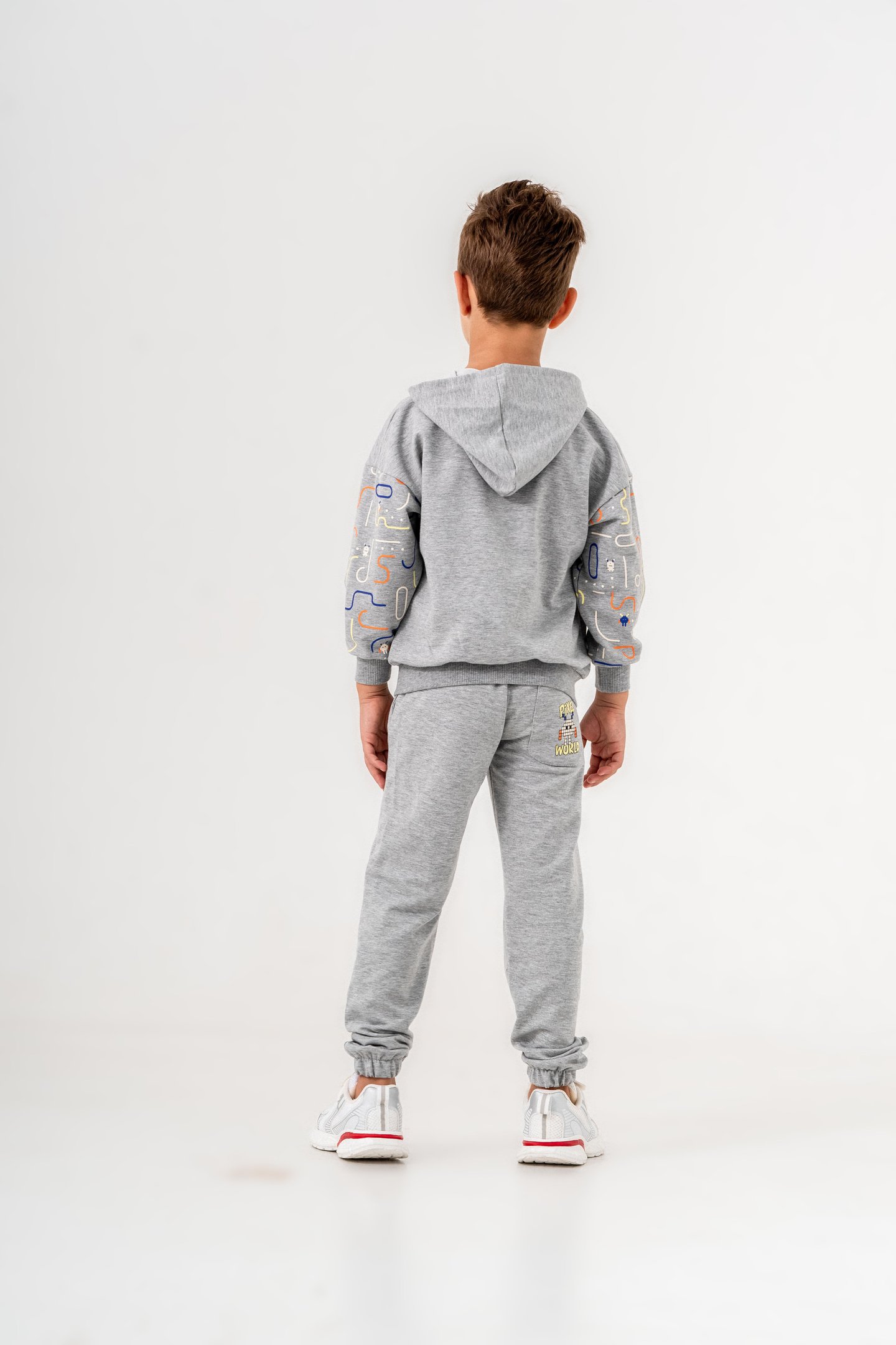 Pixel World Baskılı Kollar Baskı Detaylı Kapüşonlu Erkek Çocuk Alt Üst Eşofman Takımı