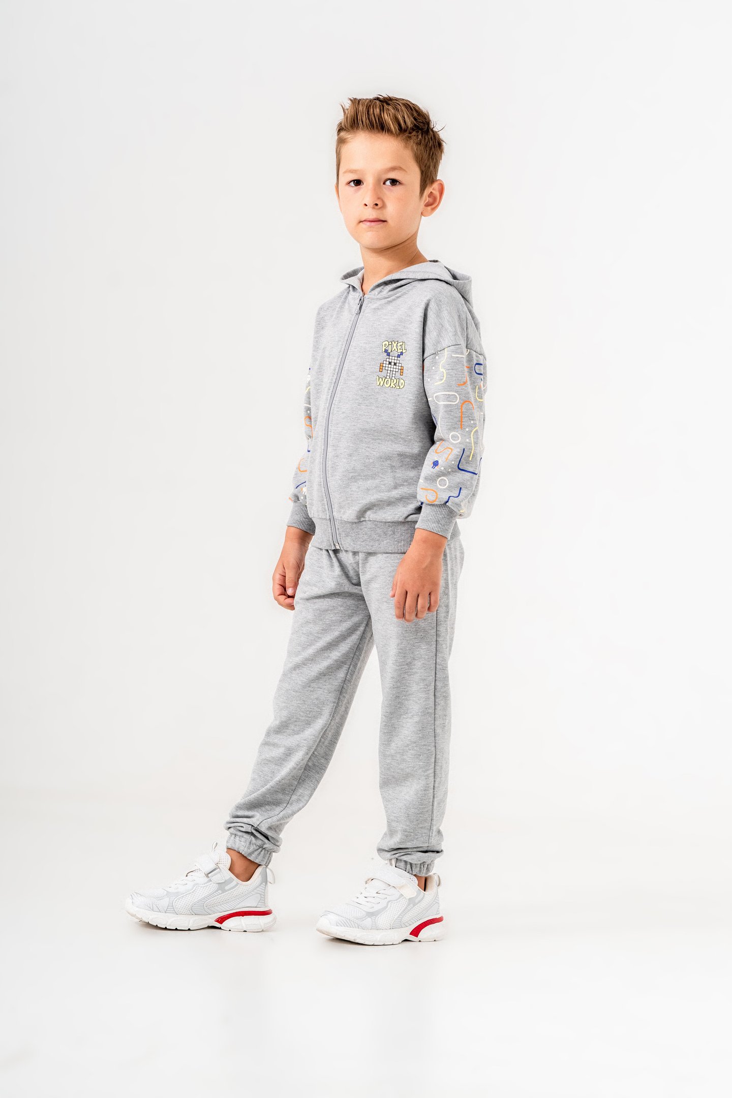 Pixel World Baskılı Kollar Baskı Detaylı Kapüşonlu Erkek Çocuk Alt Üst Eşofman Takımı