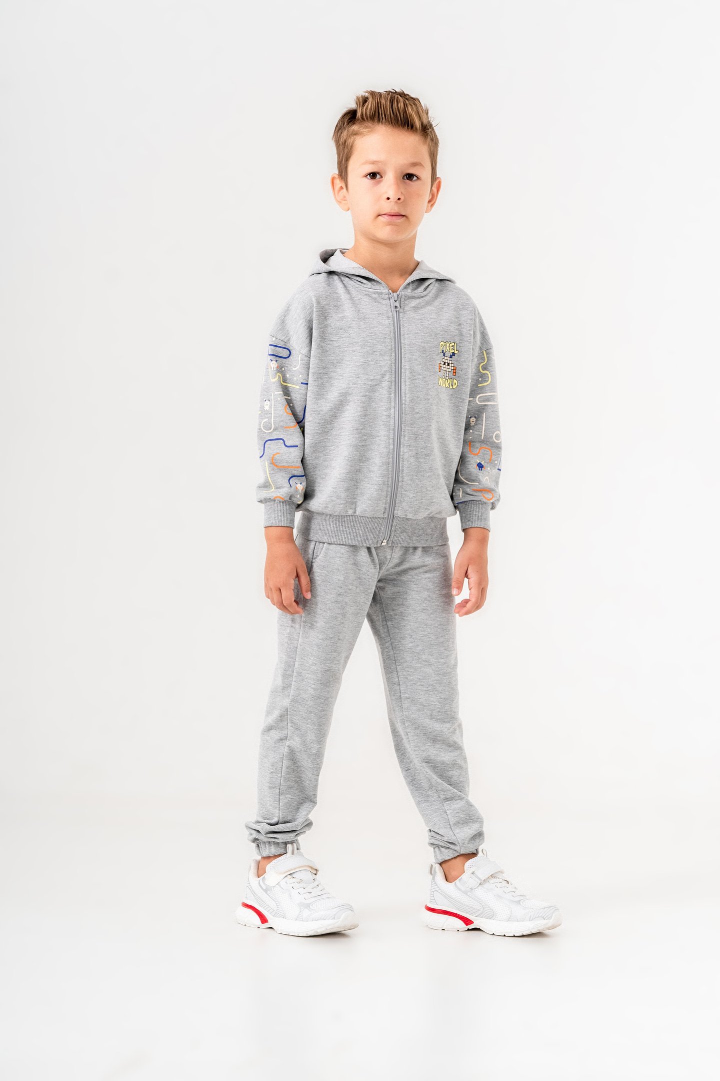 Pixel World Baskılı Kollar Baskı Detaylı Kapüşonlu Erkek Çocuk Alt Üst Eşofman Takımı