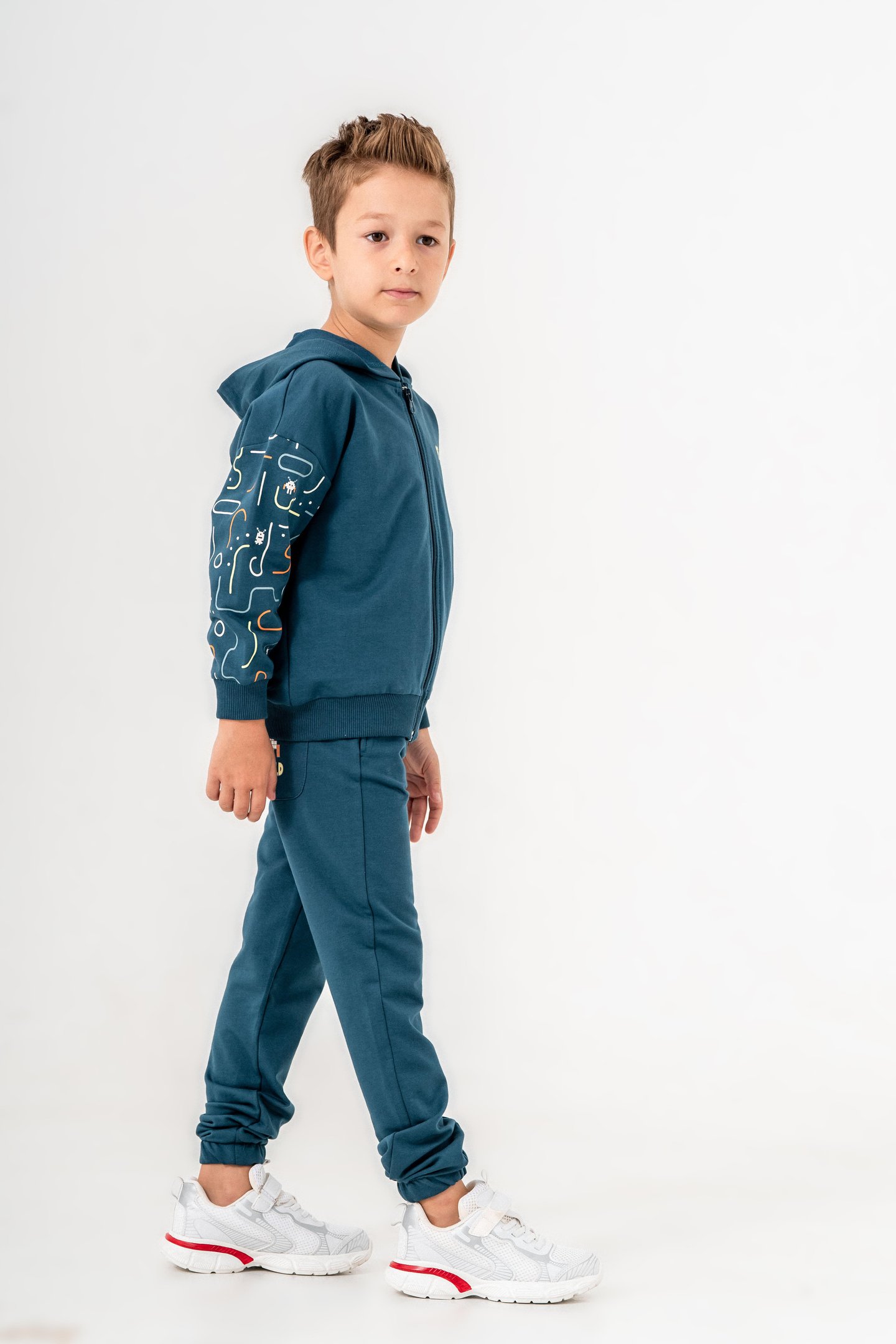 Pixel World Baskılı Kollar Baskı Detaylı Kapüşonlu Erkek Çocuk Alt Üst Eşofman Takımı