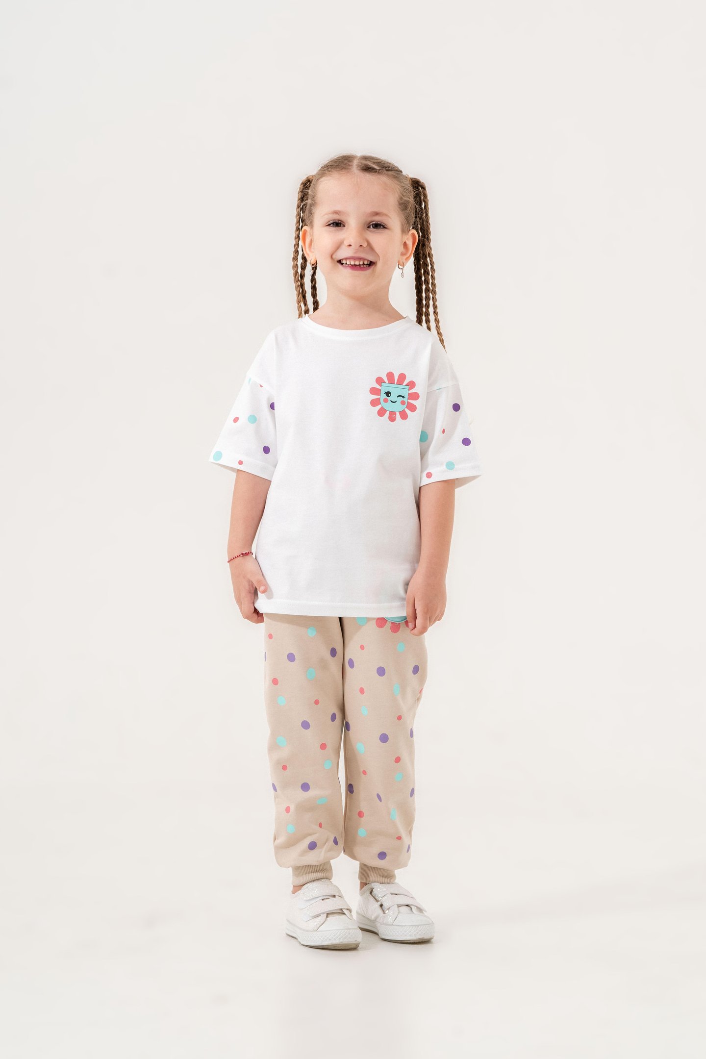 Puantiye Baskılı Kız Çocuk Tişört - Eşofman Alt Alt - Üst Takım