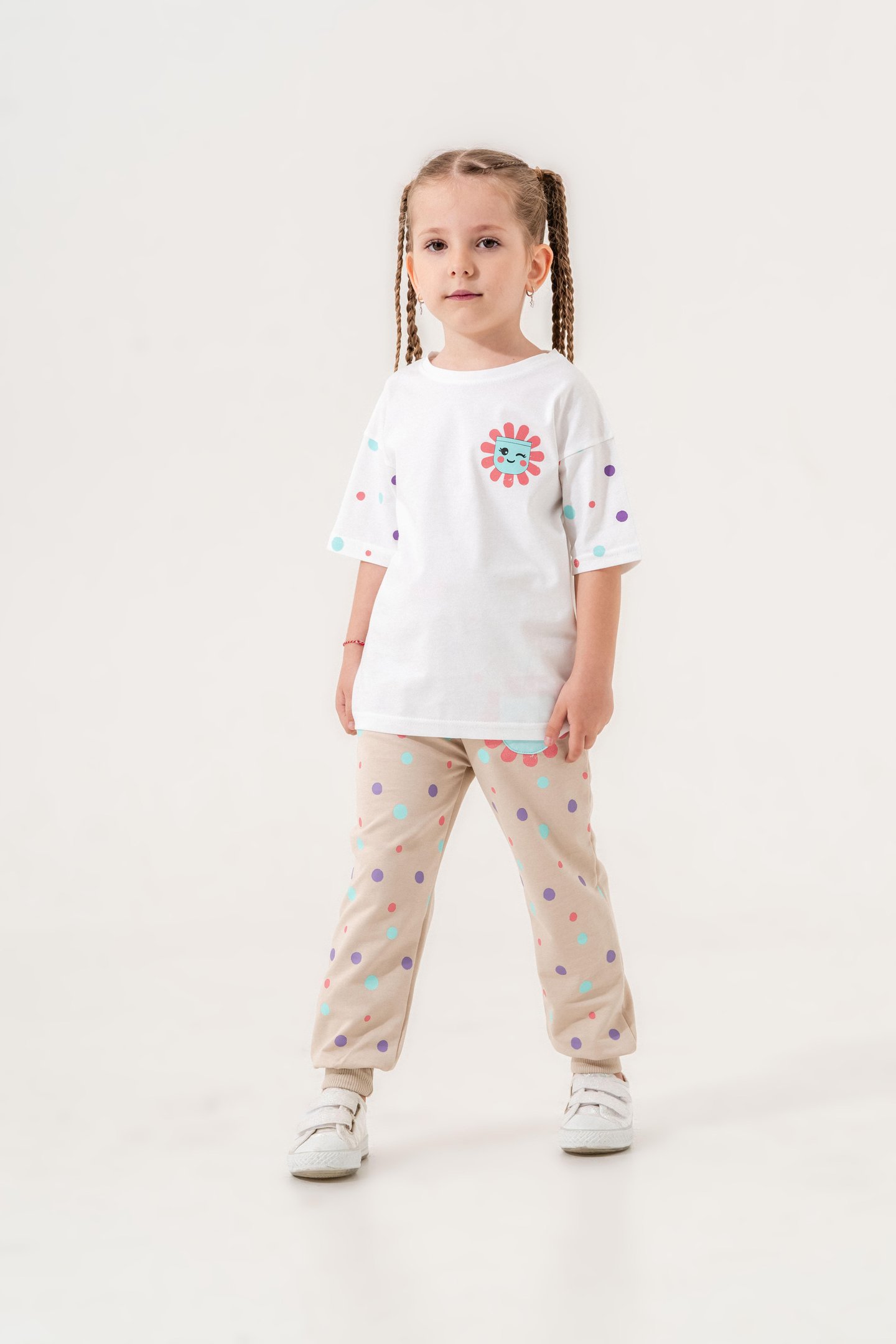 Puantiye Baskılı Kız Çocuk Tişört - Eşofman Alt Alt - Üst Takım