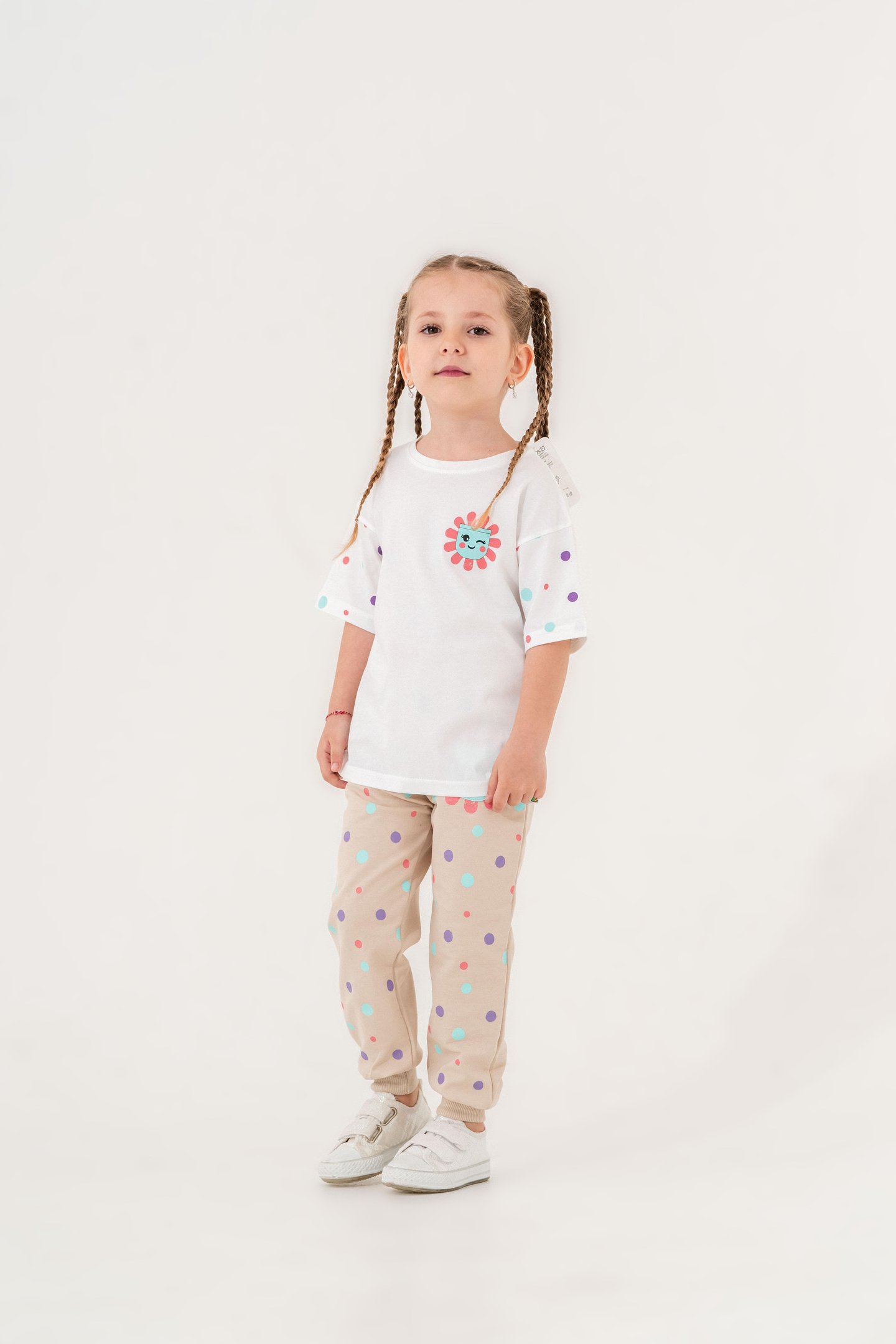 Puantiye Baskılı Kız Çocuk Tişört - Eşofman Alt Alt - Üst Takım