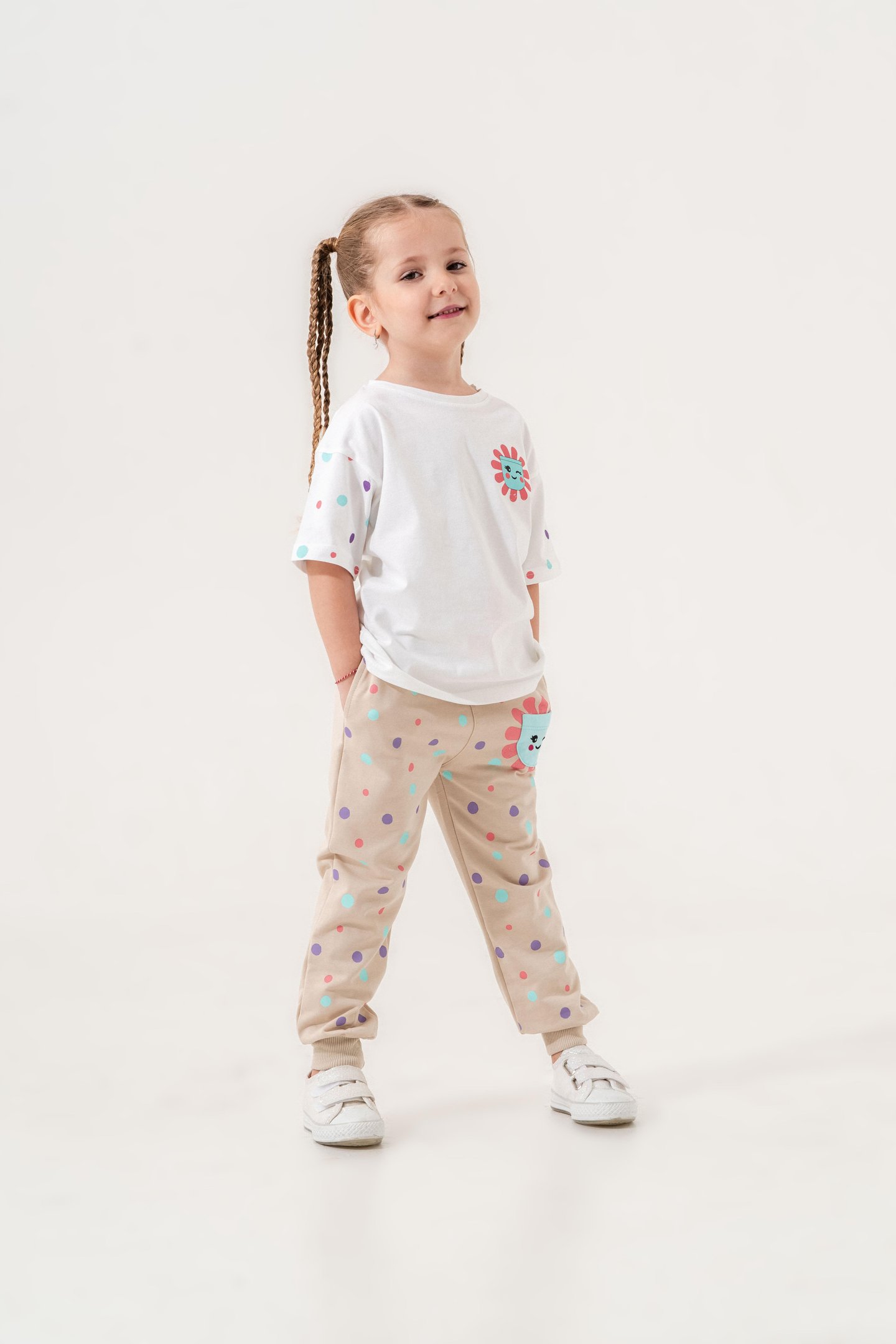 Puantiye Baskılı Kız Çocuk Tişört - Eşofman Alt Alt - Üst Takım