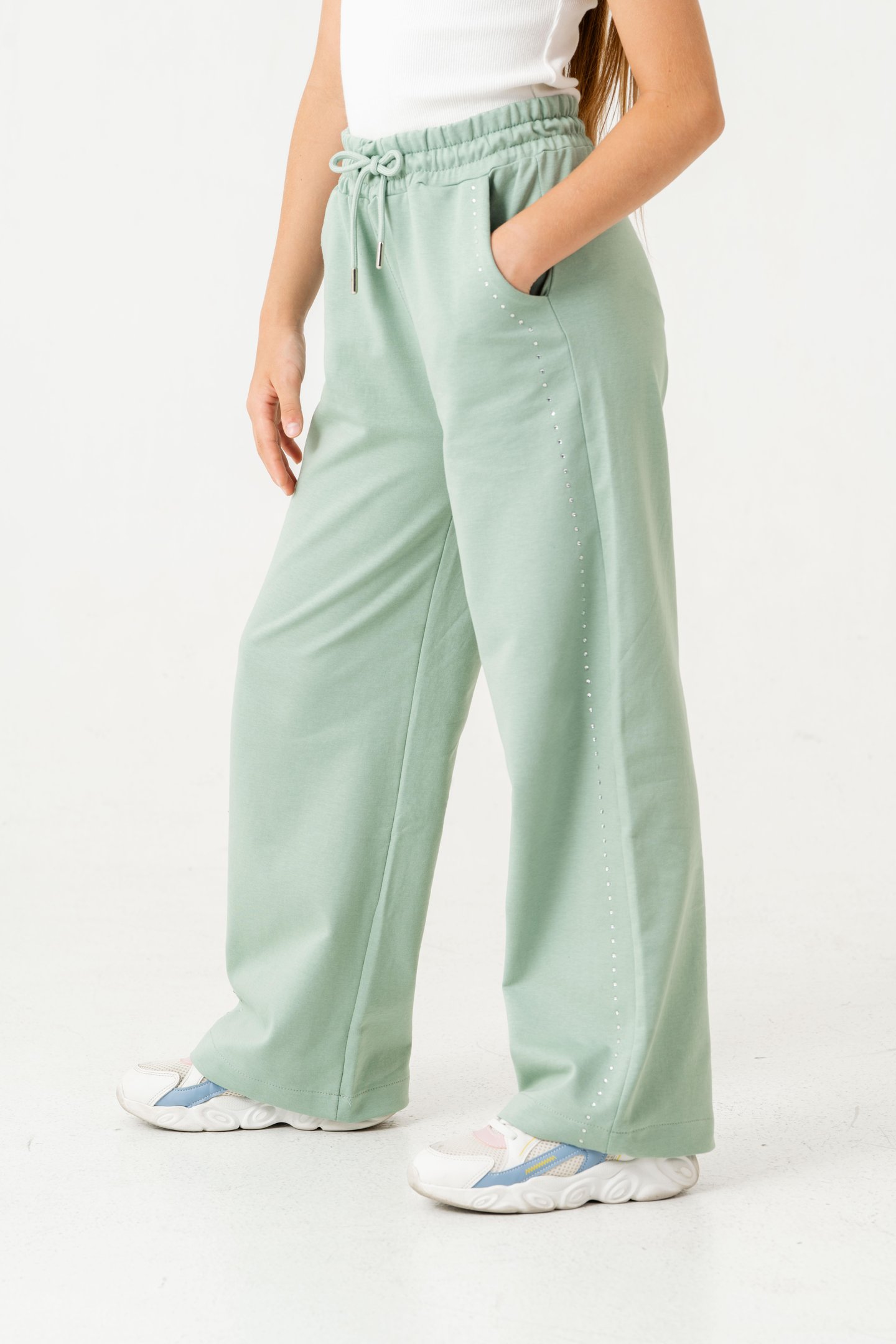 Sağ Sol Taş Baskılı Geniş Paçalı Kız Çocuk Eşofman Altı