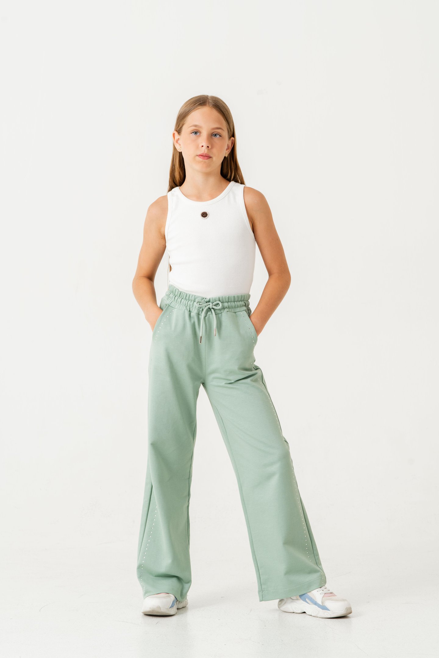 Sağ Sol Taş Baskılı Geniş Paçalı Kız Çocuk Eşofman Altı