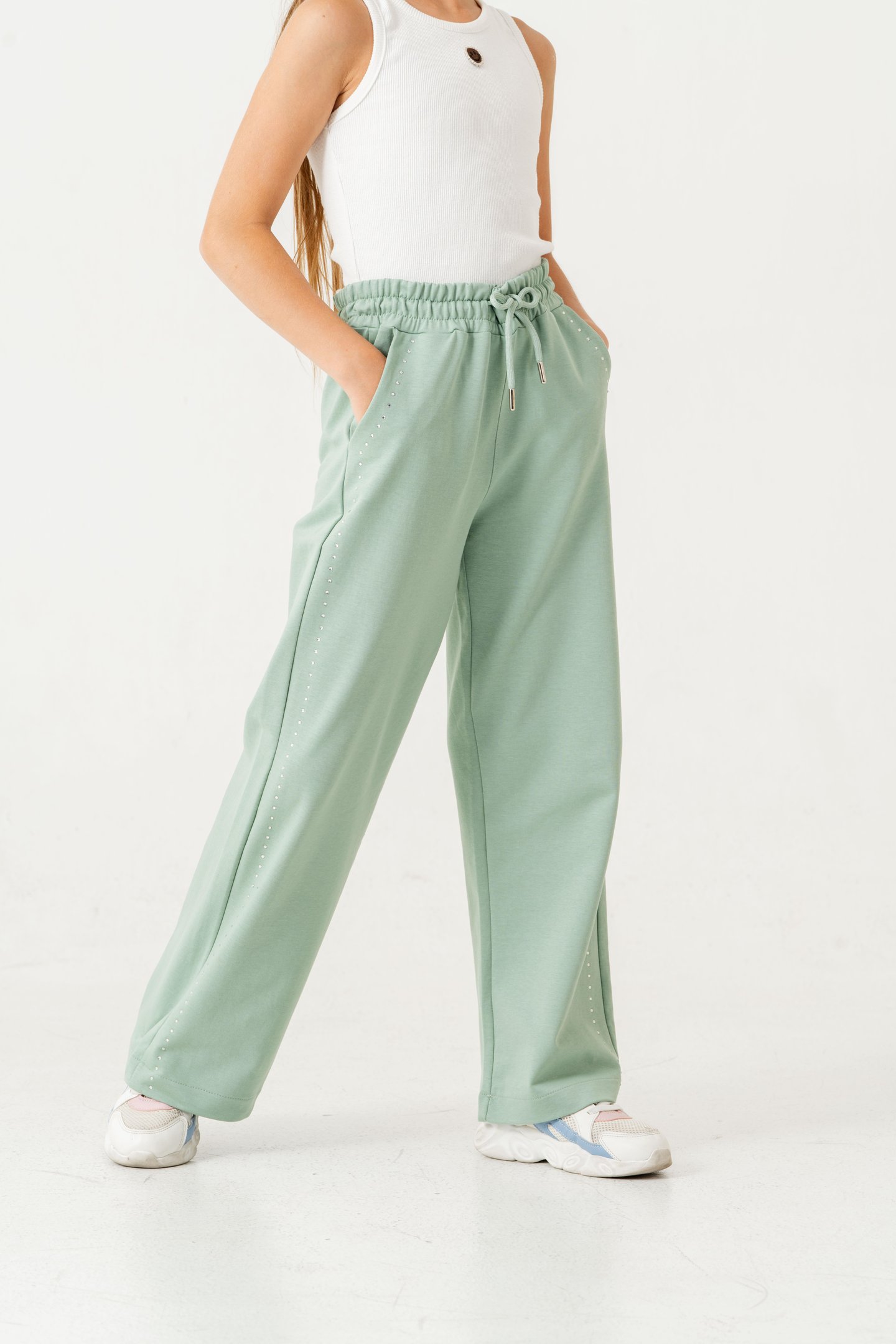 Sağ Sol Taş Baskılı Geniş Paçalı Kız Çocuk Eşofman Altı