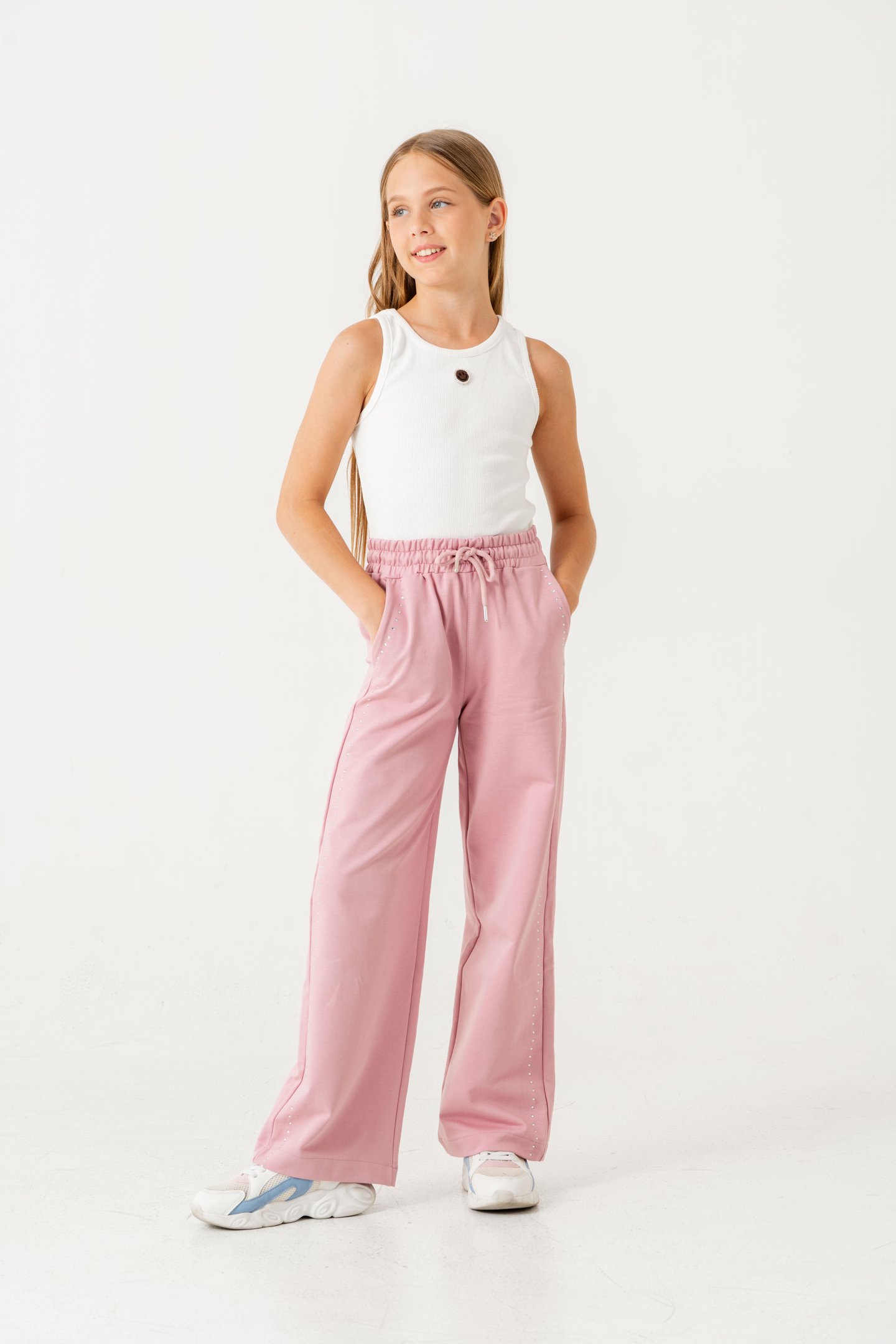 Sağ Sol Taş Baskılı Geniş Paçalı Kız Çocuk Eşofman Altı