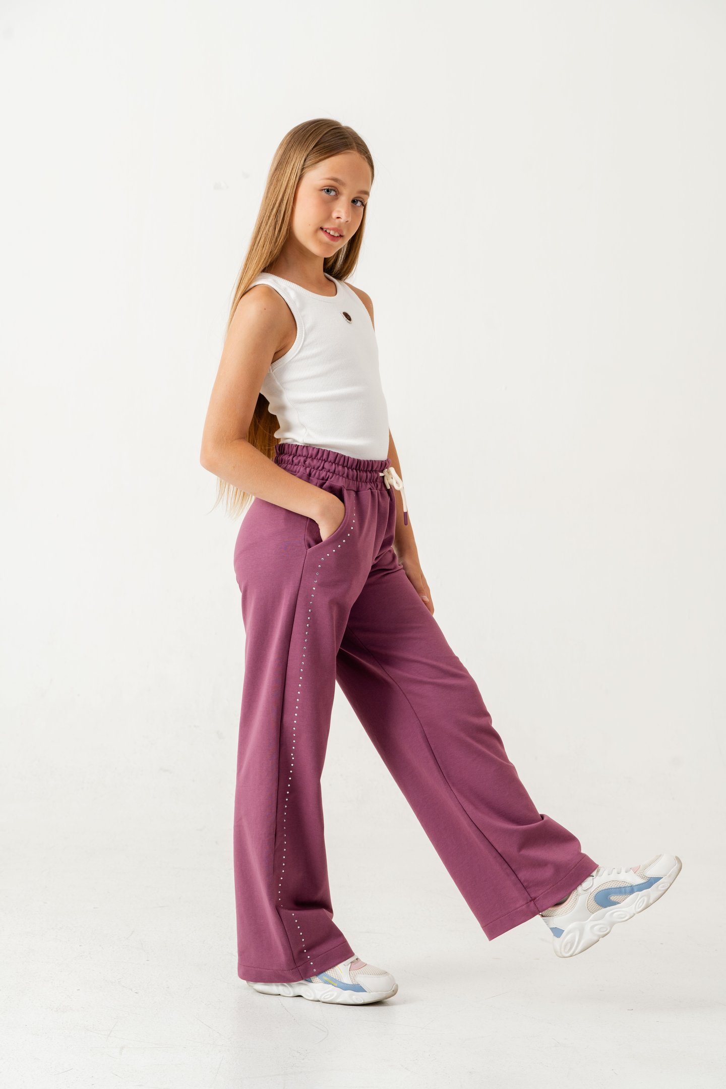 Sağ Sol Taş Baskılı Geniş Paçalı Kız Çocuk Eşofman Altı