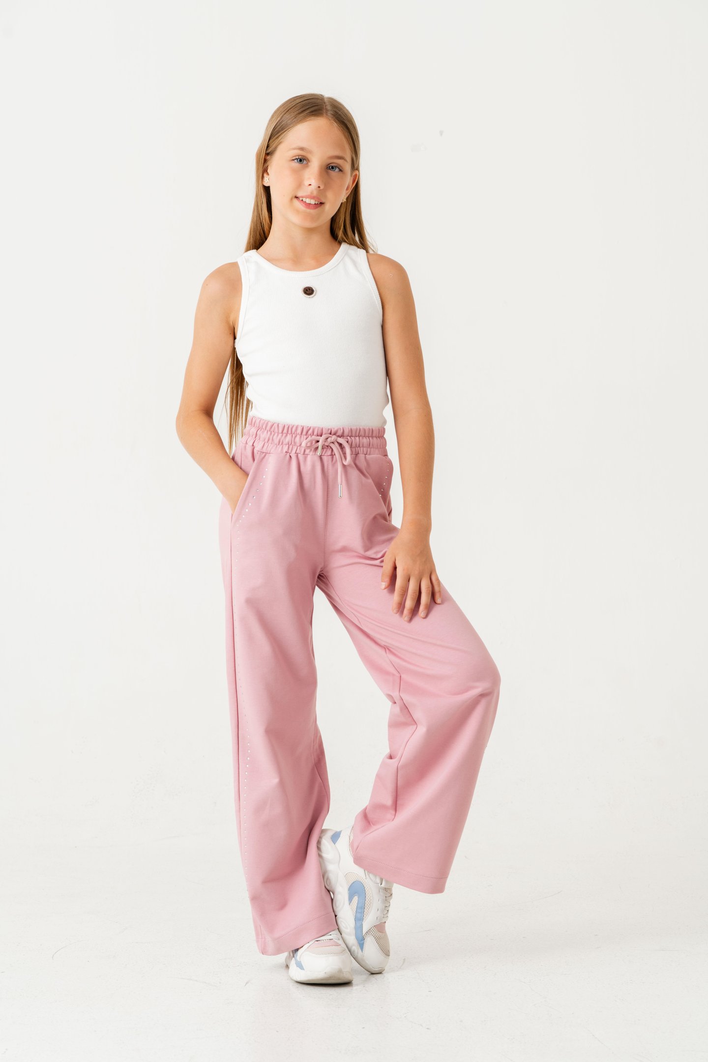 Sağ Sol Taş Baskılı Geniş Paçalı Kız Çocuk Eşofman Altı