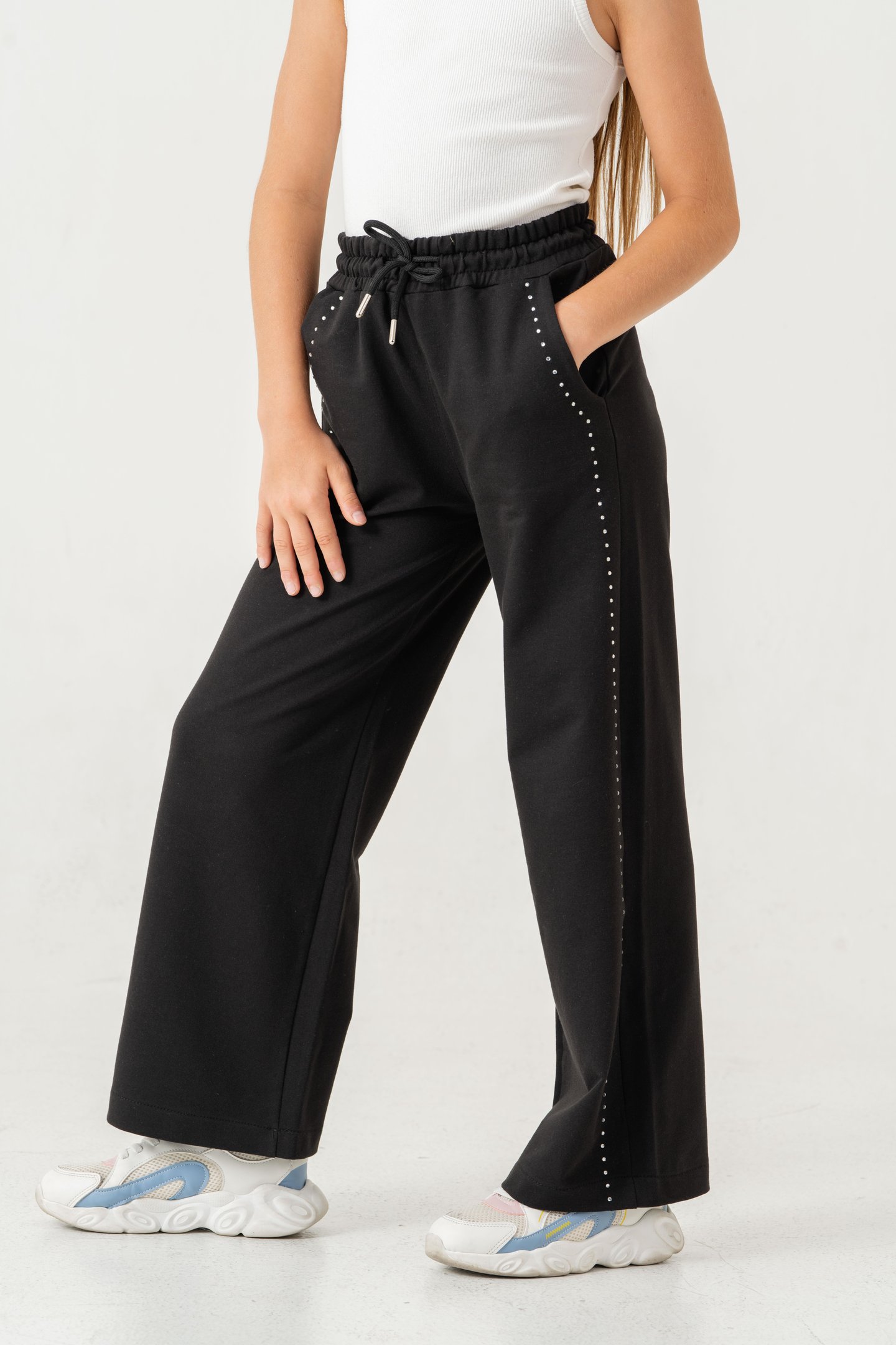 Sağ Sol Taş Baskılı Geniş Paçalı Kız Çocuk Eşofman Altı