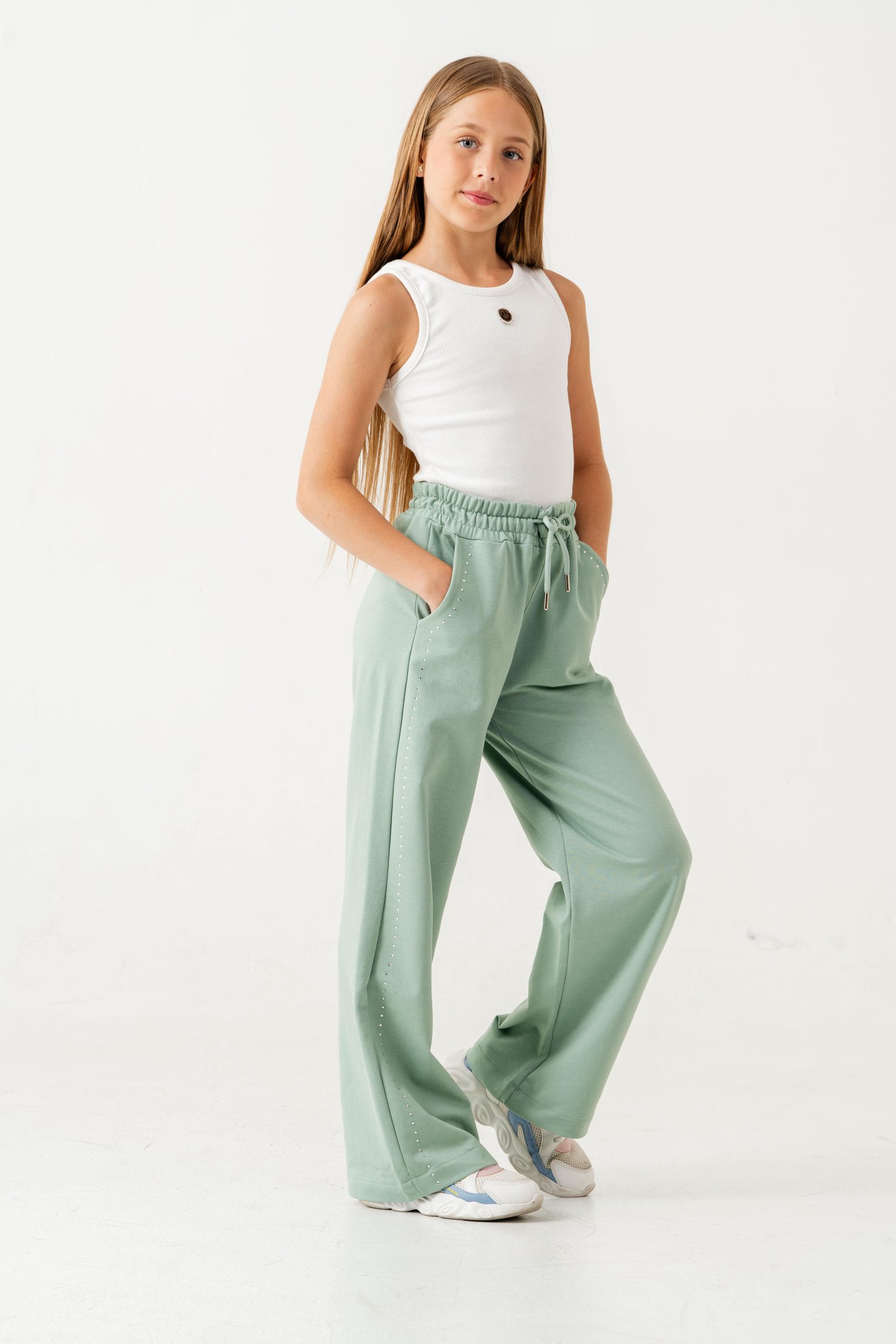 Sağ Sol Taş Baskılı Geniş Paçalı Kız Çocuk Eşofman Altı