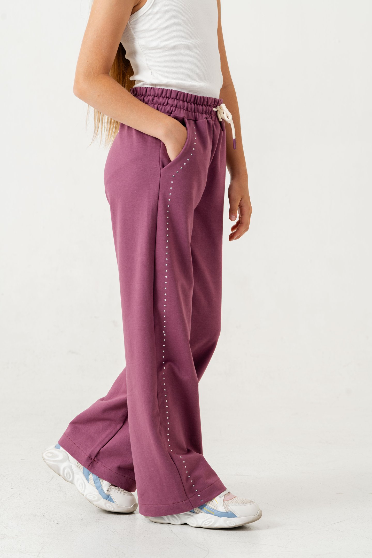 Sağ Sol Taş Baskılı Geniş Paçalı Kız Çocuk Eşofman Altı