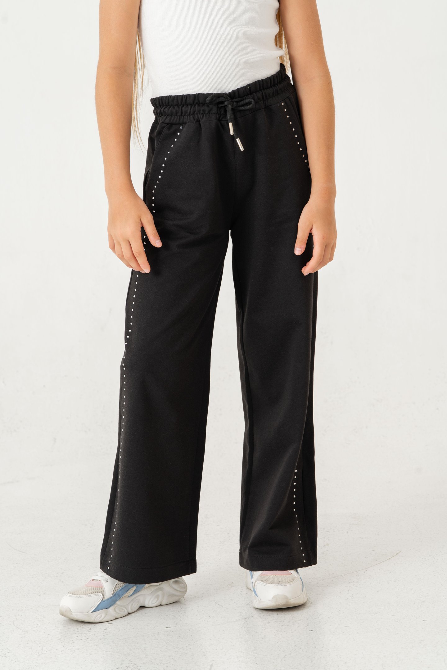 Sağ Sol Taş Baskılı Geniş Paçalı Kız Çocuk Eşofman Altı