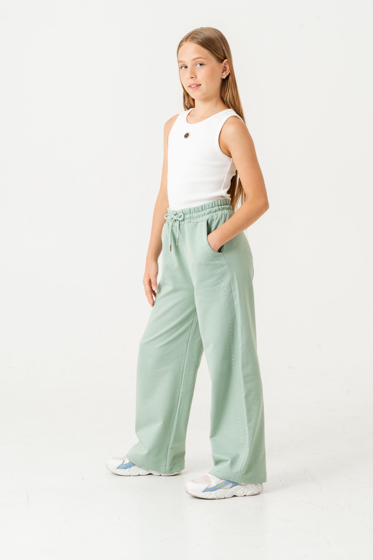 Sağ Sol Taş Baskılı Geniş Paçalı Kız Çocuk Eşofman Altı