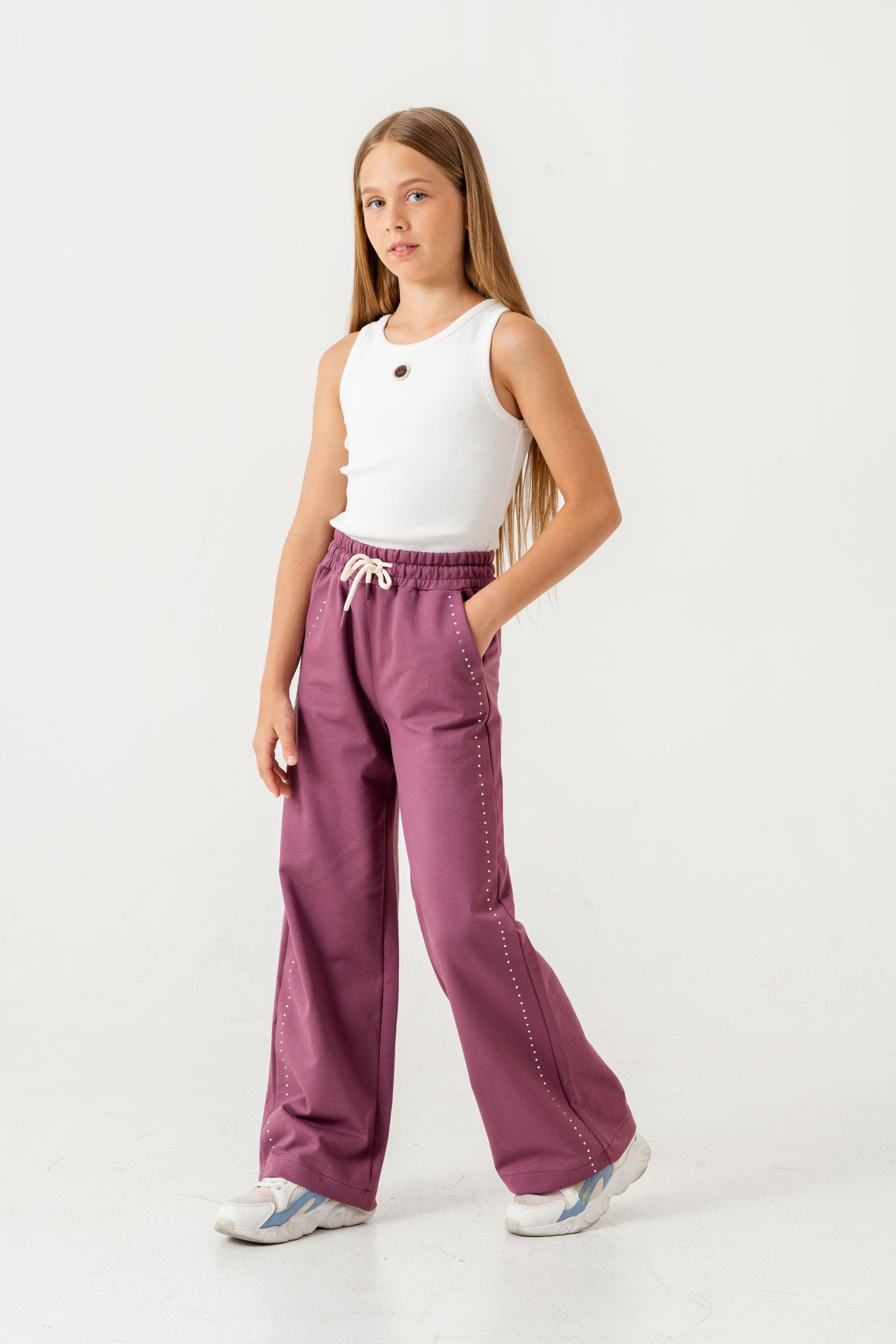 Sağ Sol Taş Baskılı Geniş Paçalı Kız Çocuk Eşofman Altı