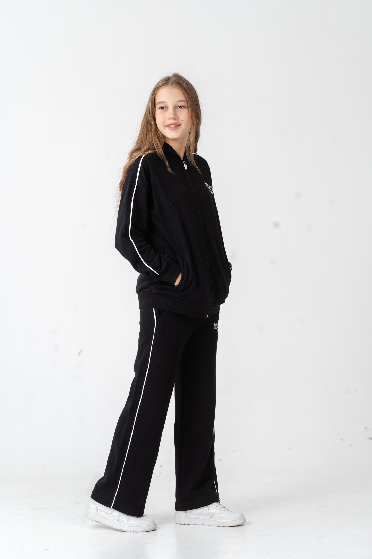 Sports Academy College Team US-86 Nakışlı Kapüşonlu Ön Fermuarlı Kız Çocuk Alt Üst Eşofman Takımı