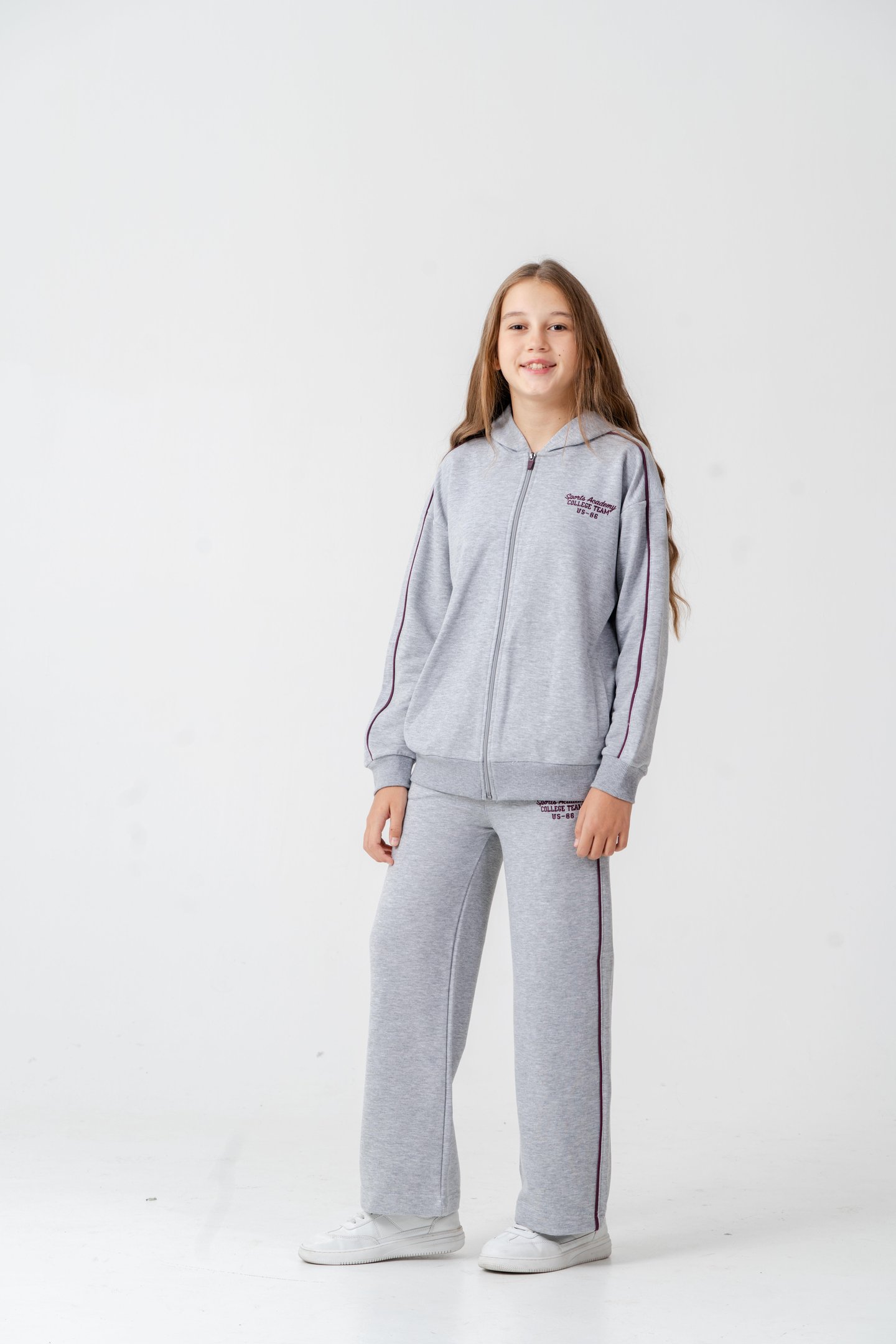 Sports Academy College Team US-86 Nakışlı Kapüşonlu Ön Fermuarlı Kız Çocuk Alt Üst Eşofman Takımı