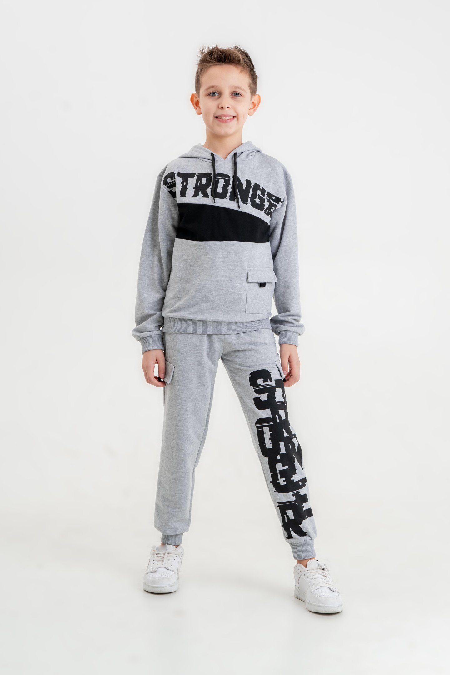 Stronger Baskılı Parçalı Kargo Cep Detaylı Alt Üst Çocuk Eşofman Takımı